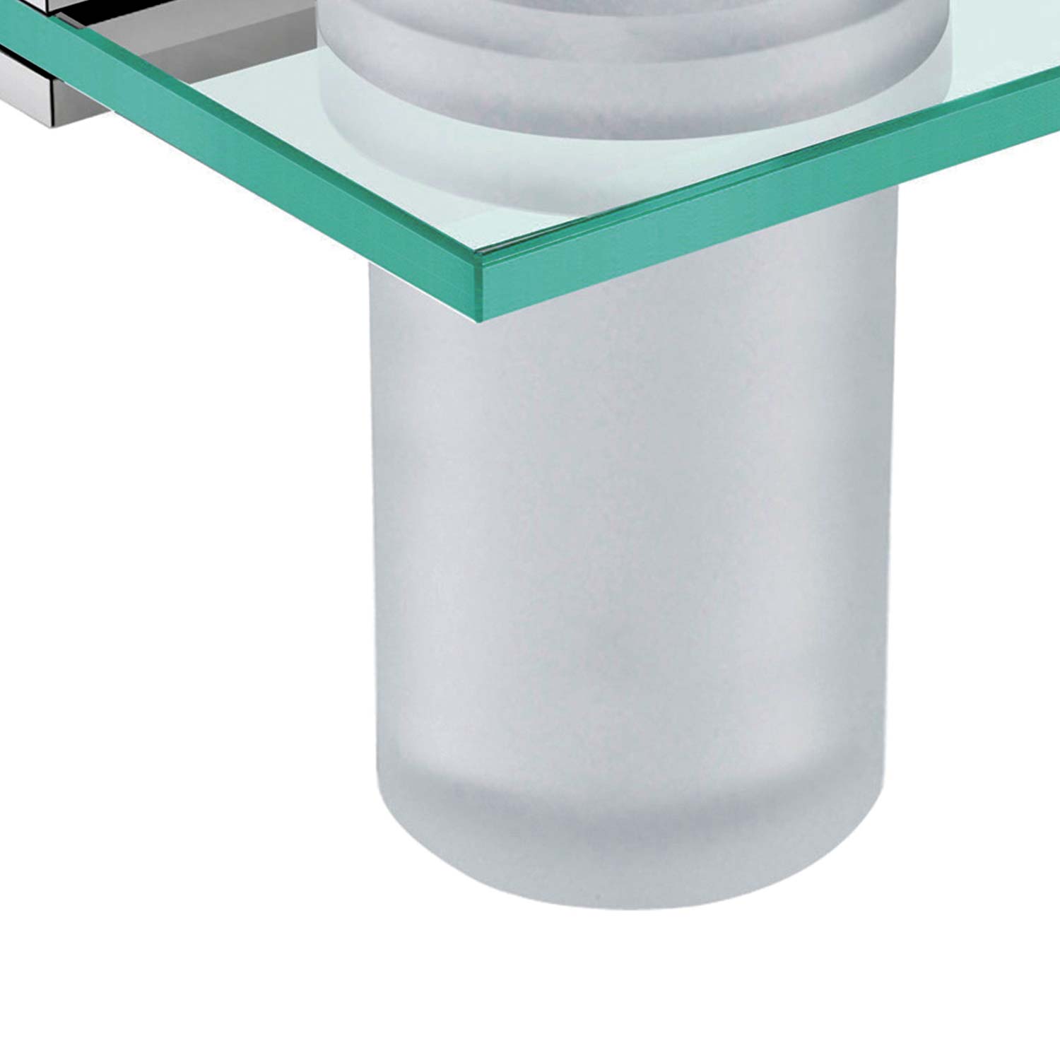 Frosted glass soap dish with chrome accents and a clear tempered glass shelf