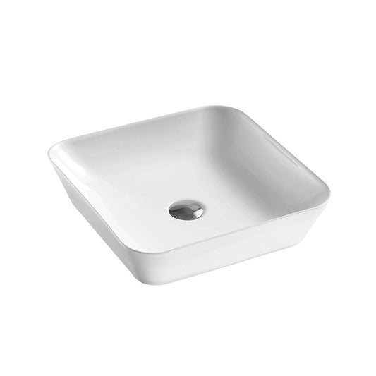 Modern white ceramic vessel sink with sleek square design and chrome drain