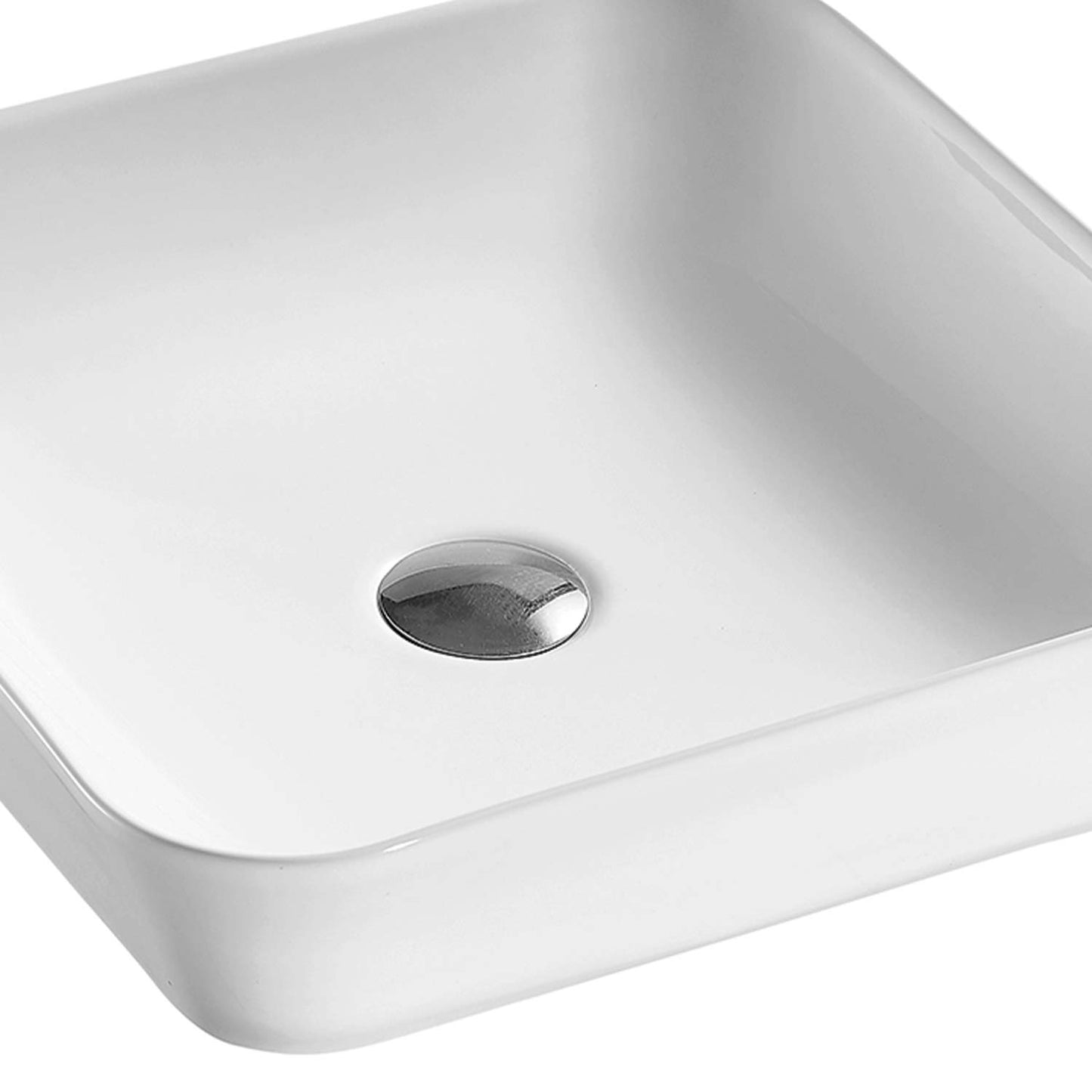 White ceramic vessel sink with polished chrome drain
