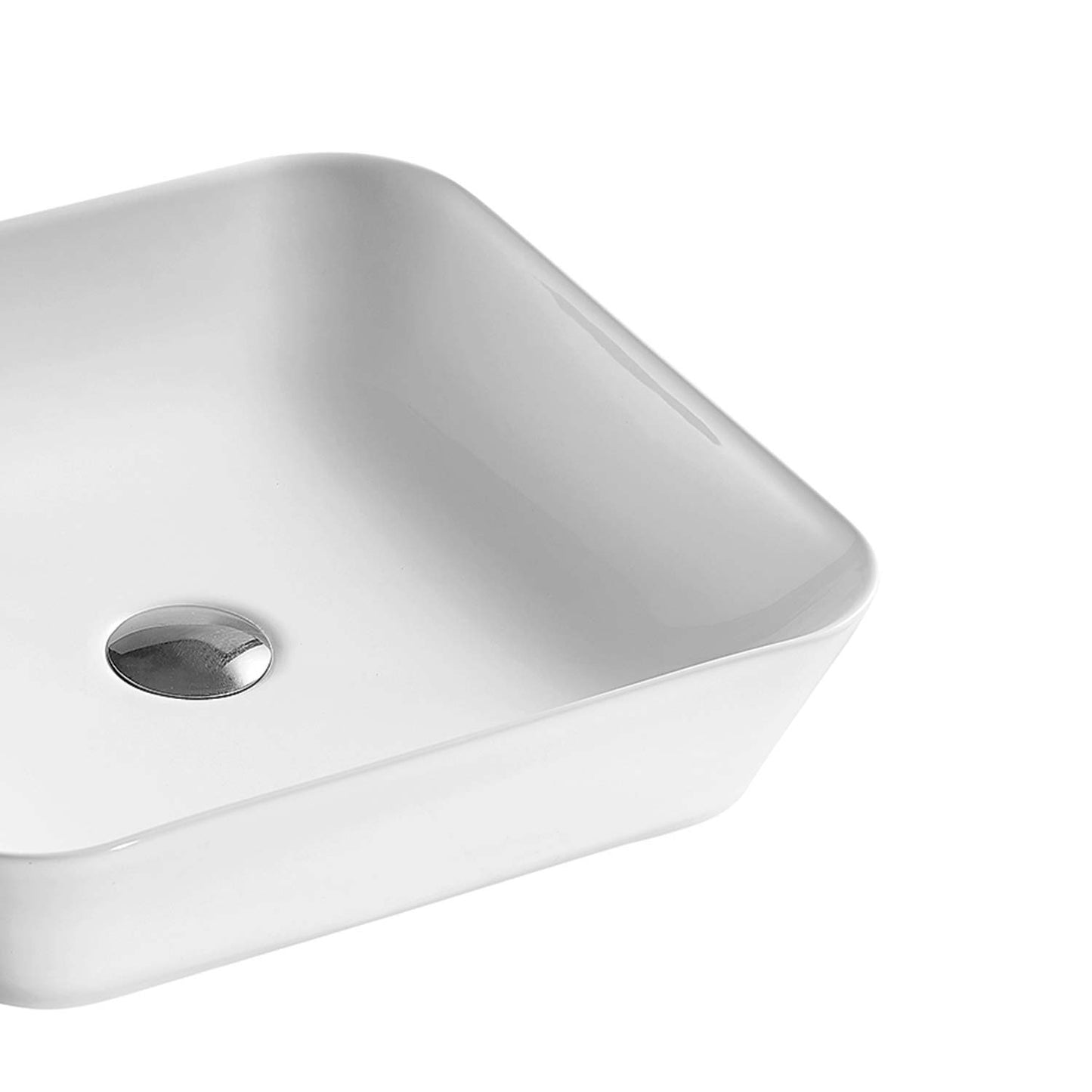 Modern white ceramic vessel sink with clean lines and a chrome drain