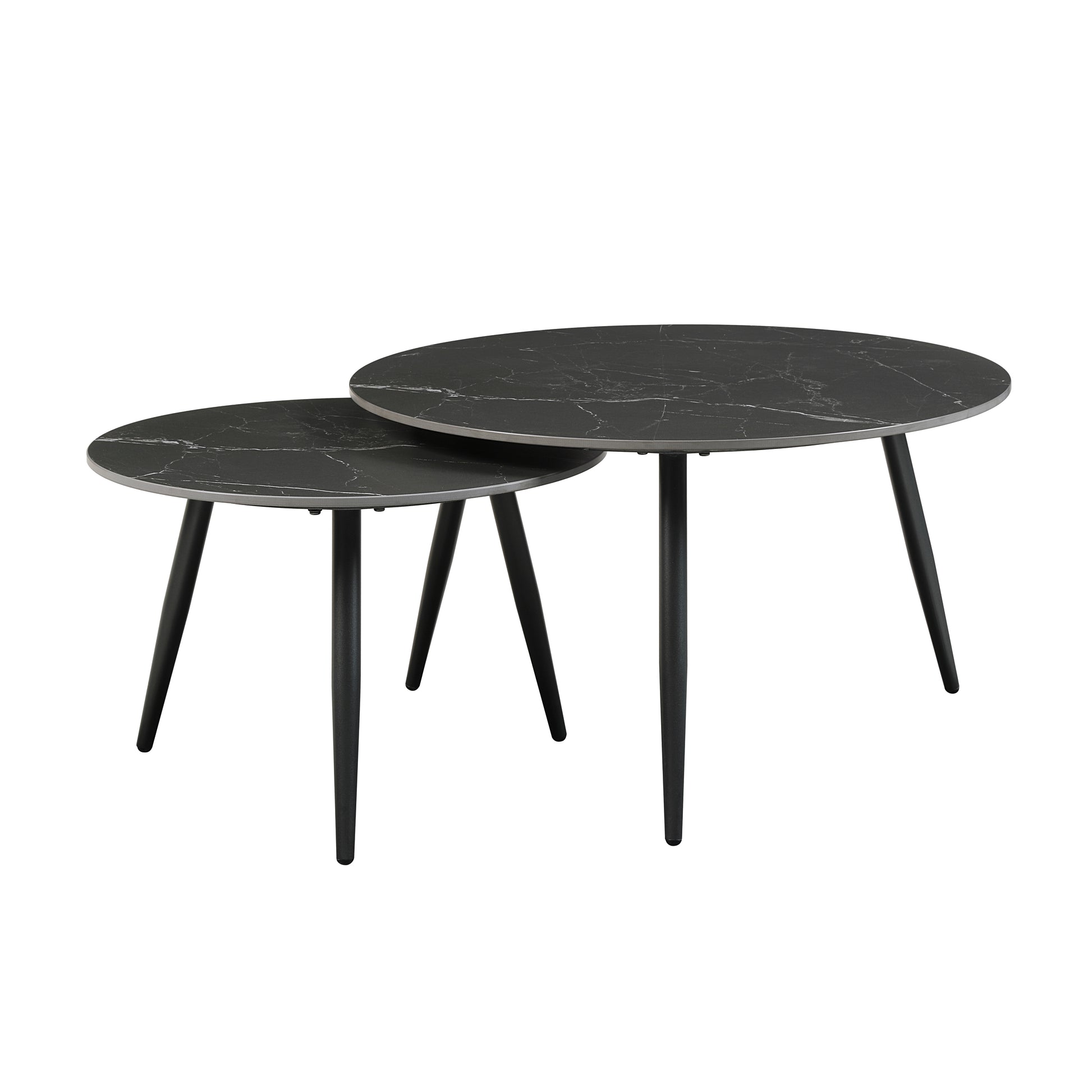 Set of two round nesting coffee tables with black marbleeffect tops and black metal legs
