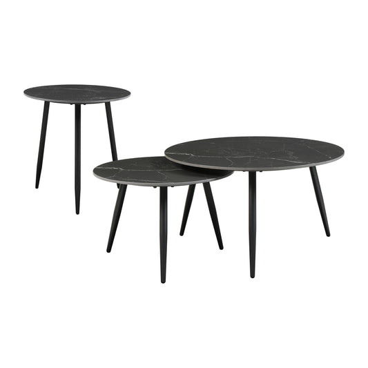 Set of  modern nesting tables with black marble tops and black metal legs