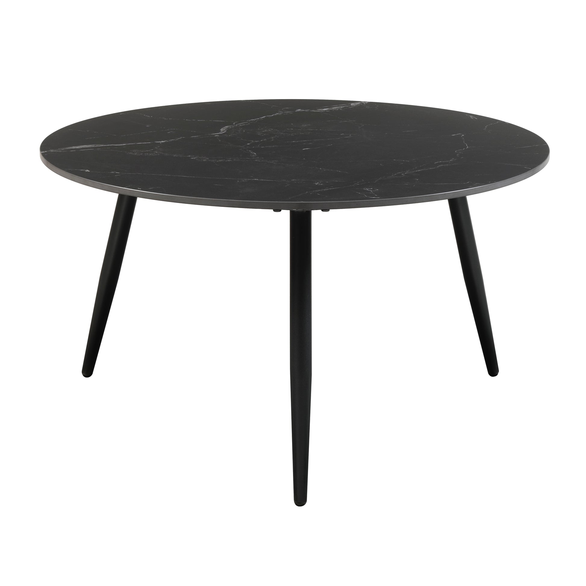 Round black marble coffee table with tapered legs