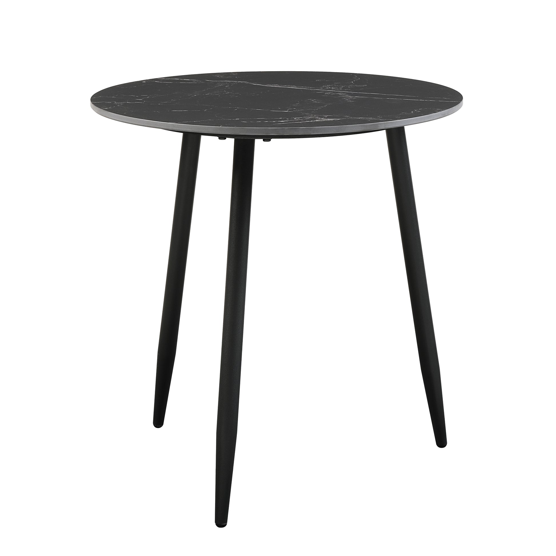 Modern round dining table with black marbleeffect top and black tapered legs