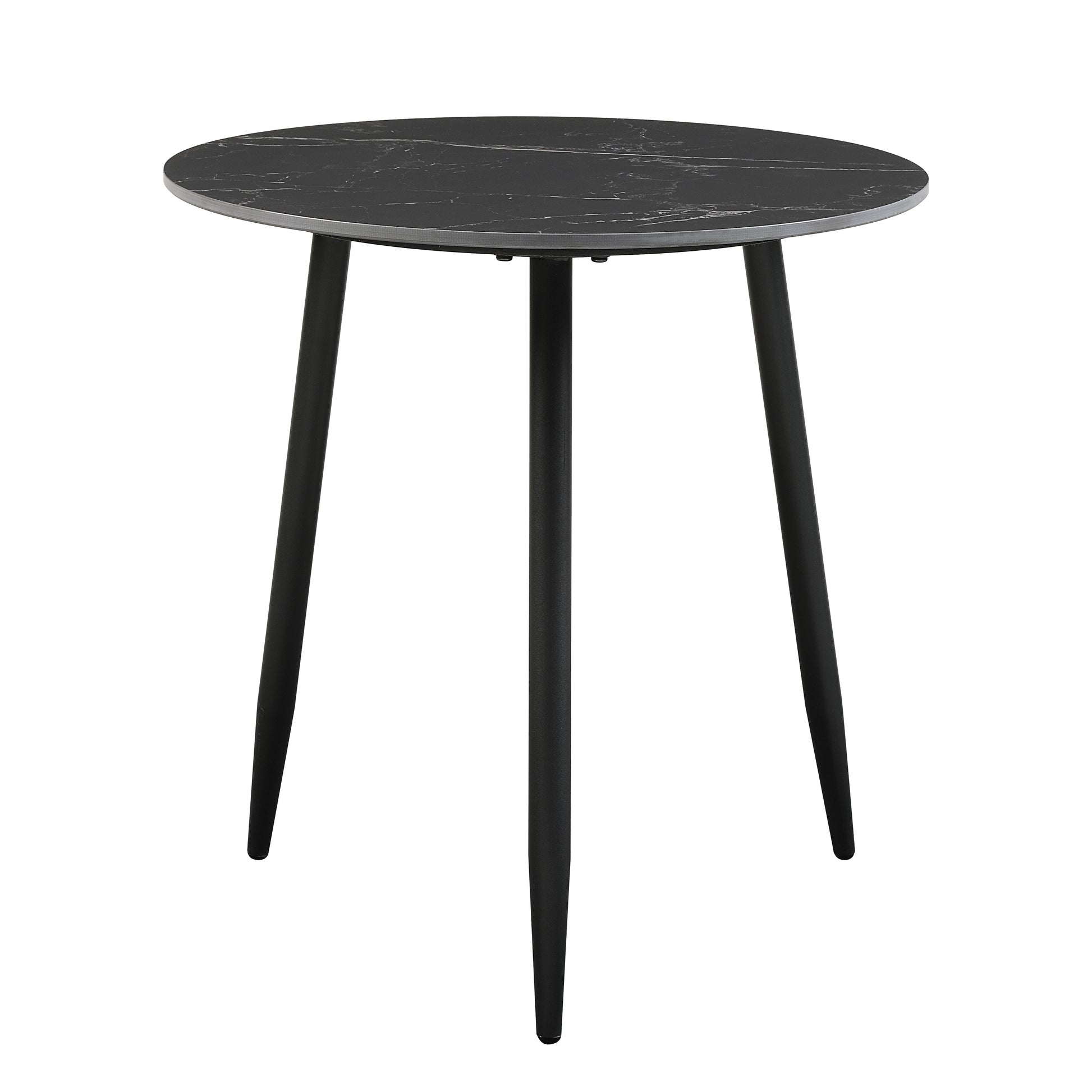 Round black marble side table with tapered metal legs