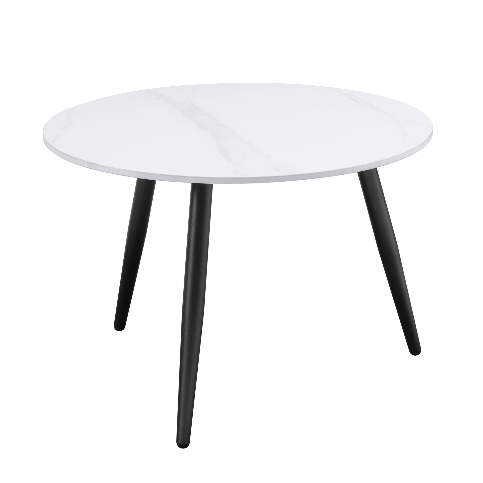 Round white marble coffee table with black tapered legs