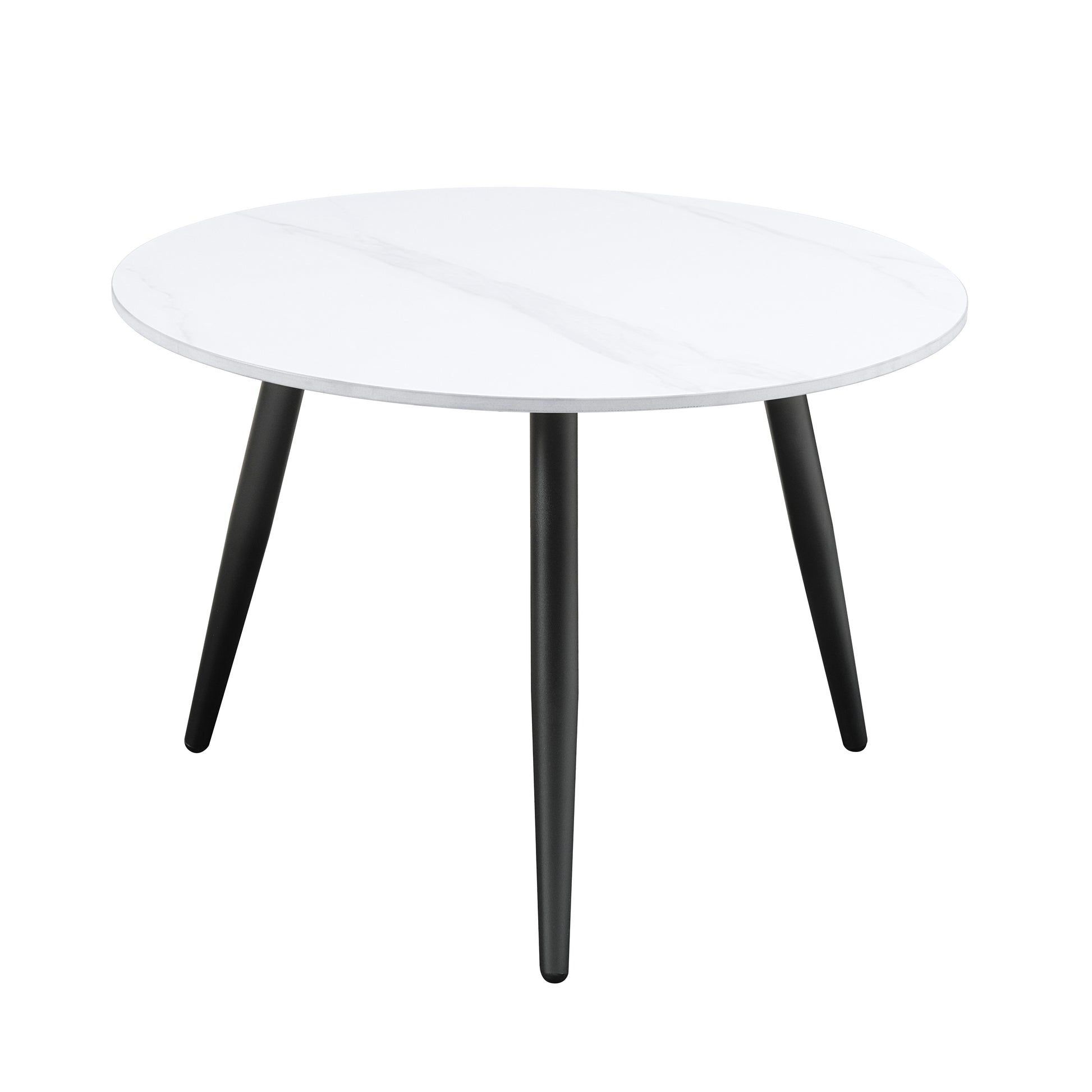 Modern round coffee table with white marblepatterned top and three black tapered legs