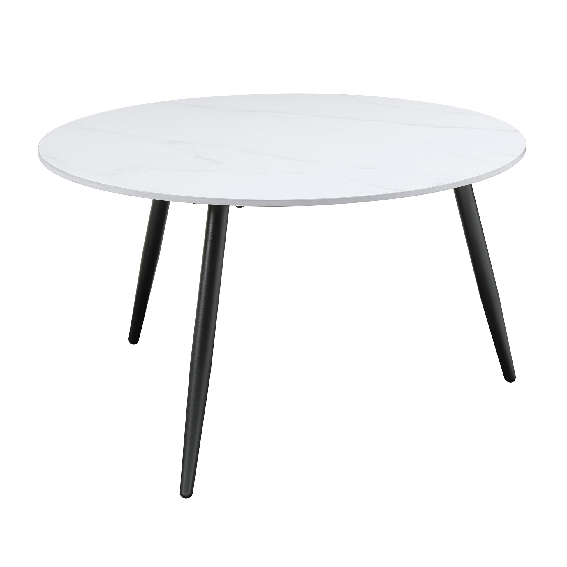 White marble top round coffee table with black tapered legs