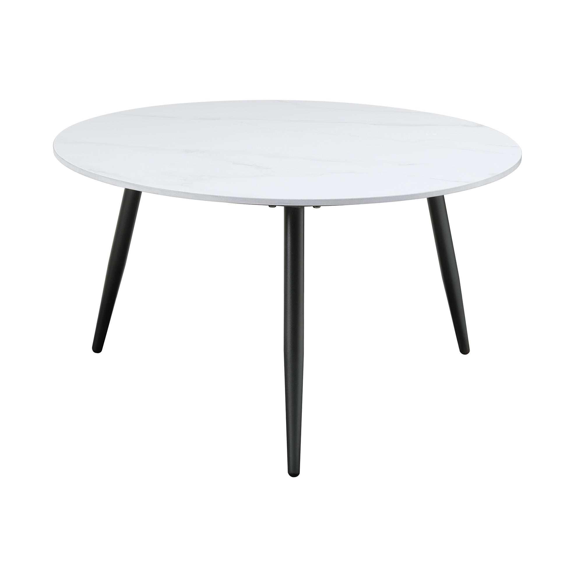 White marble effect round coffee table with black tapered legs