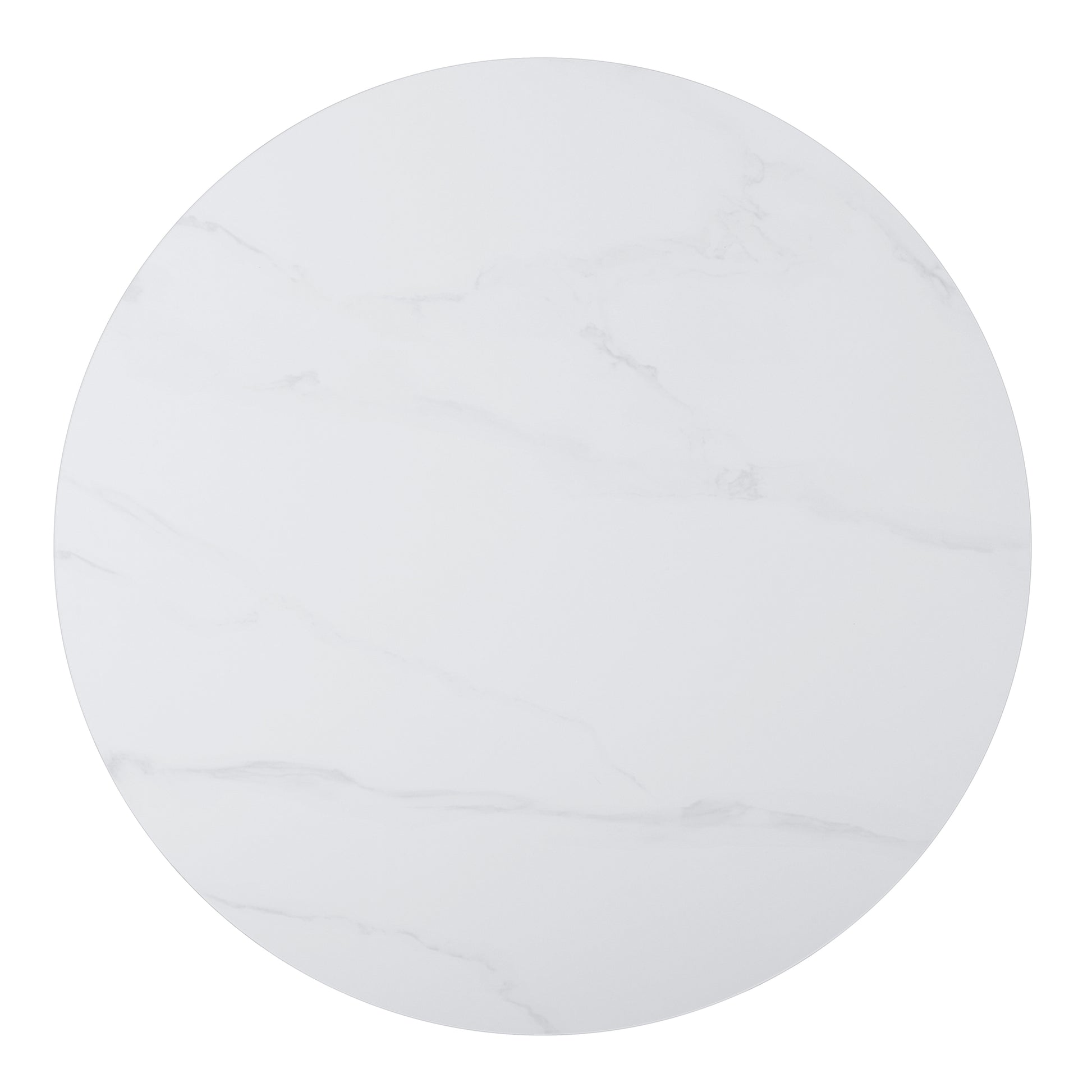 Round white marblelook tabletop with subtle grey veining