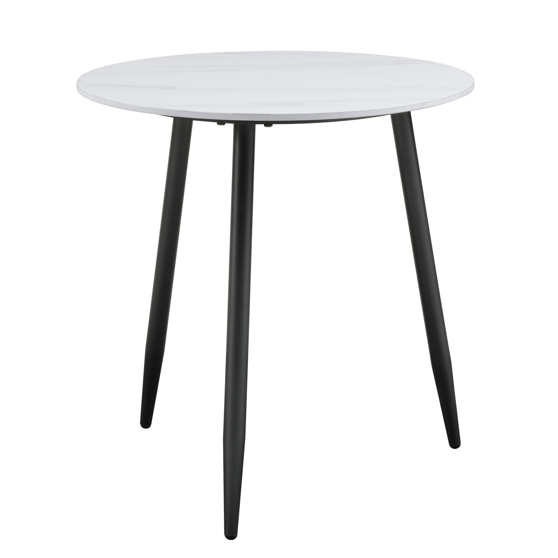 Round white marble top table with black tapered legs