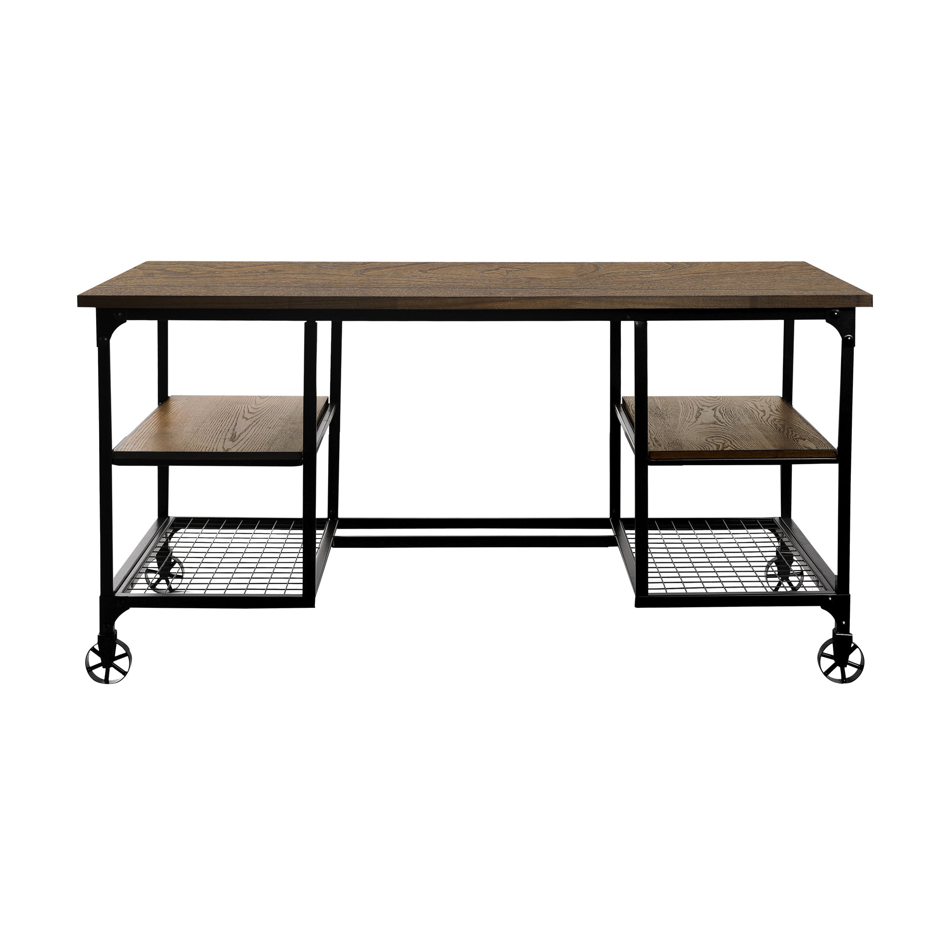Industrial style desk with dark wood grain tabletop black metal frame and rolling casters