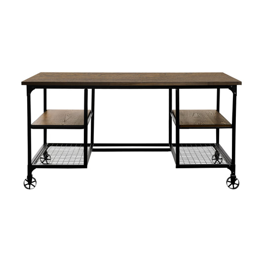Industrial style desk with dark wood grain tabletop black metal frame and rolling casters