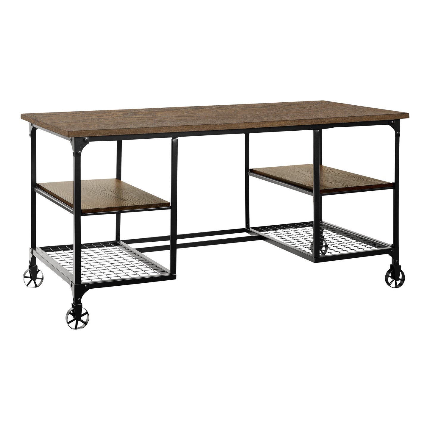 Industrial writing desk with dark wood top and black metal frame on wheels