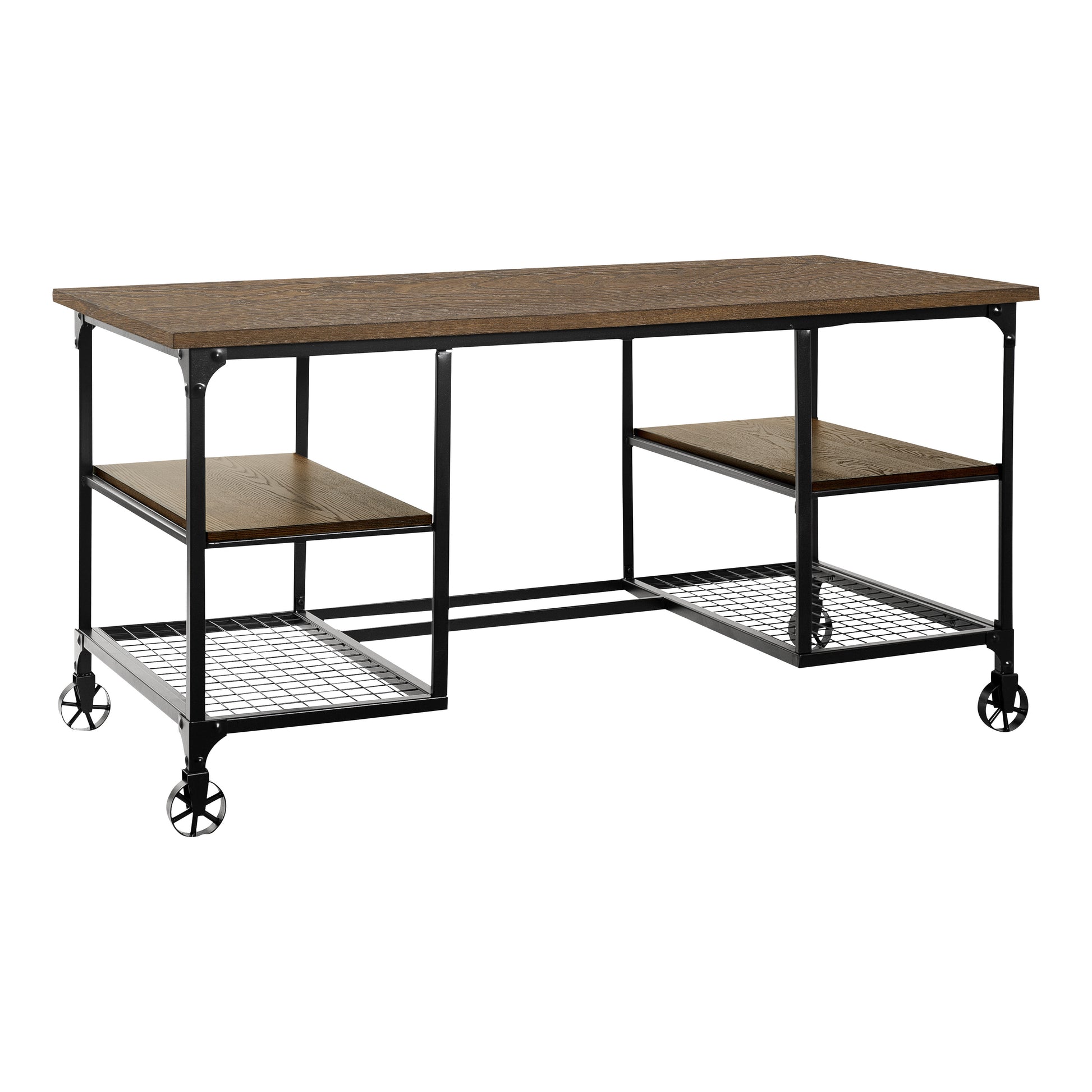 Industrial writing desk with dark wood top and black metal frame on wheels