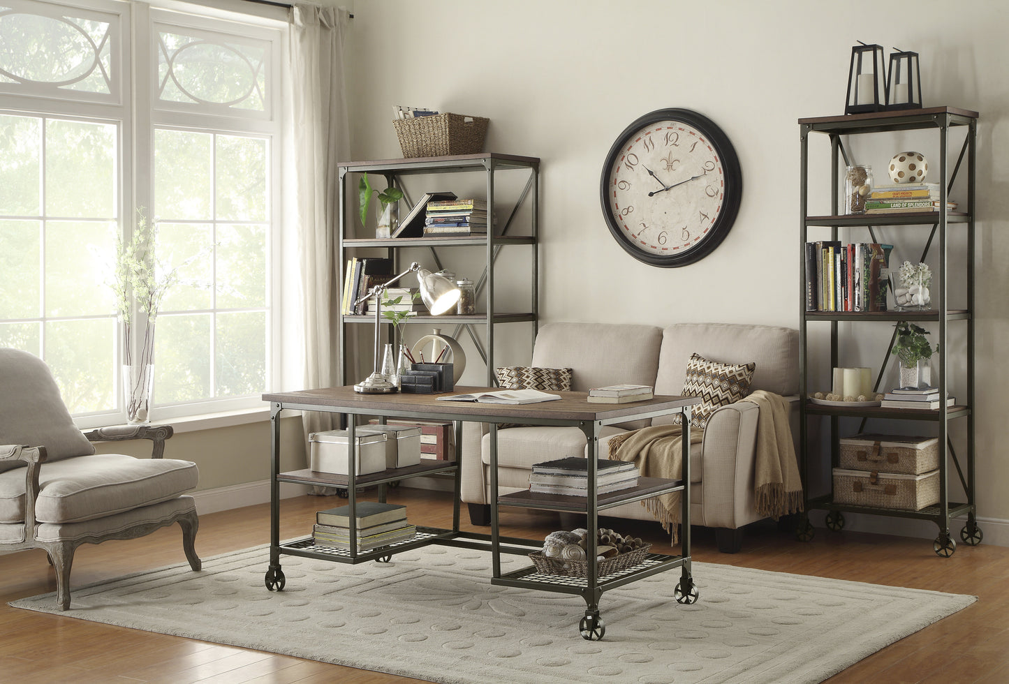 Industrial style metal and wood desk with casters for home office organization