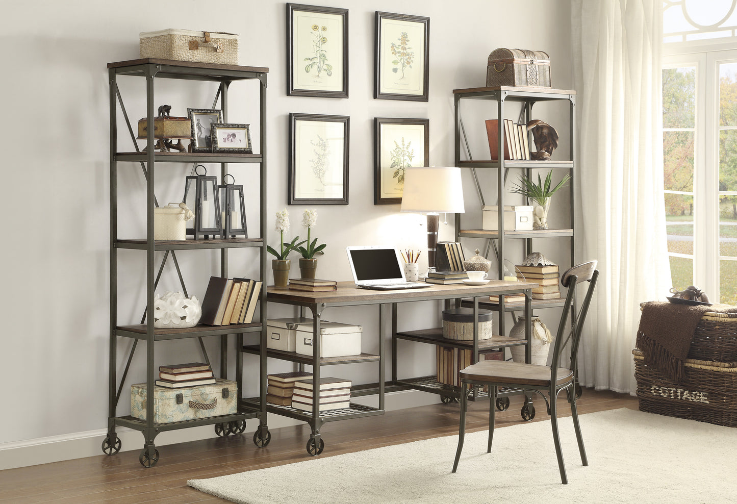 Industrial style desk with weathered oak top and metal frame ideal for home office