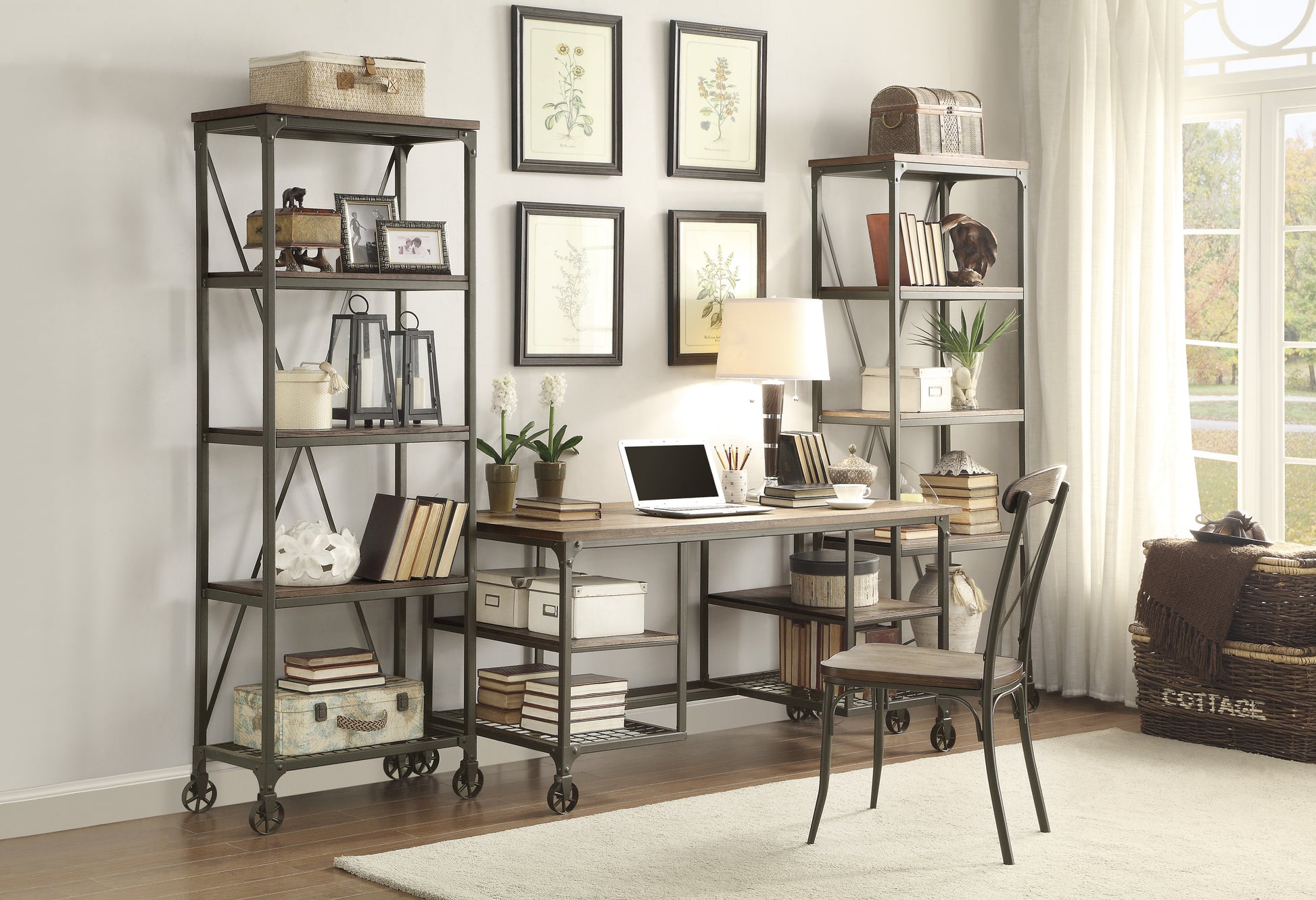 Industrial style desk with weathered oak top and metal frame ideal for home office