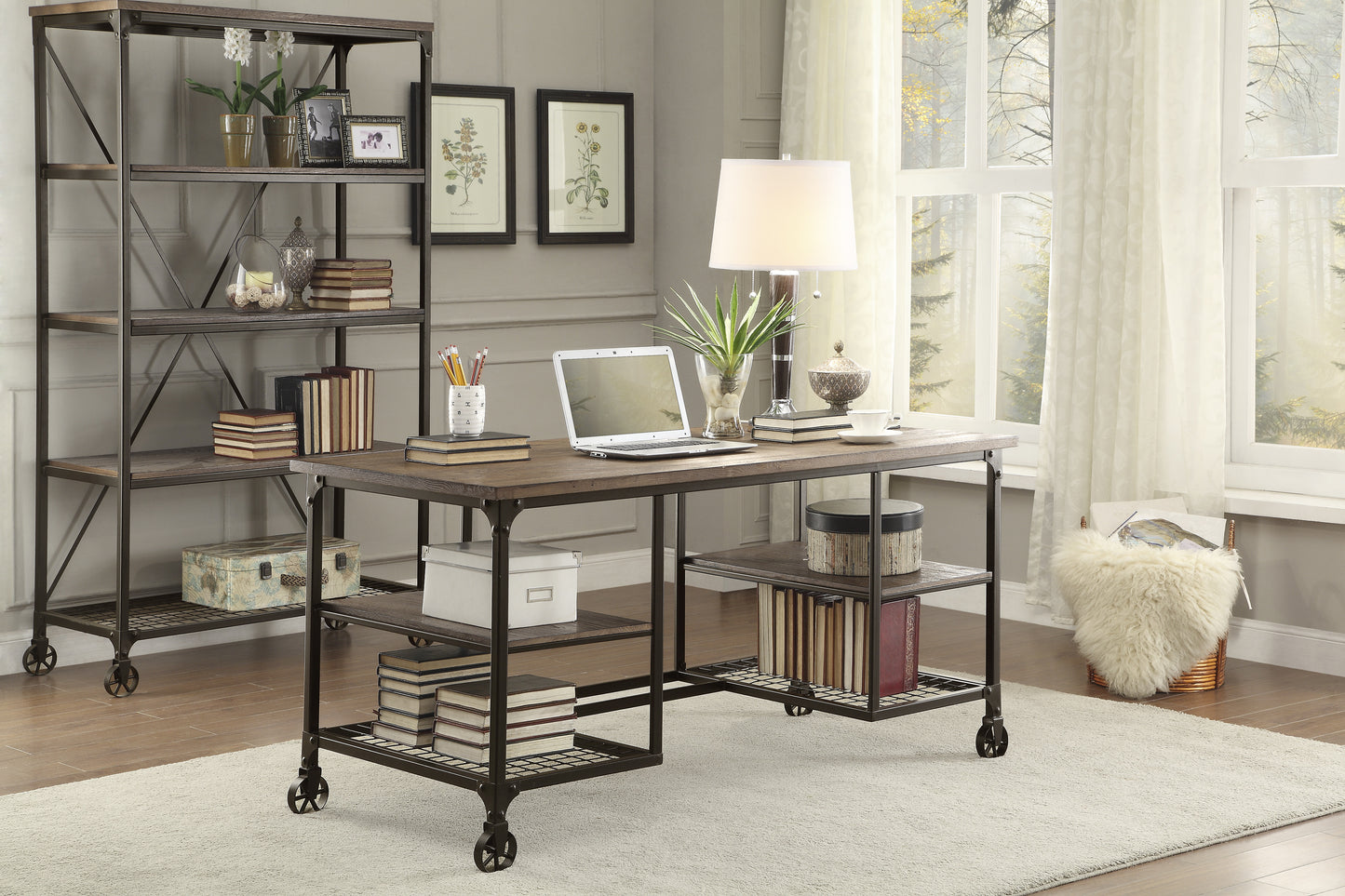 Industrial style bookshelf with dark metal frame and rustic wood shelves for home organization