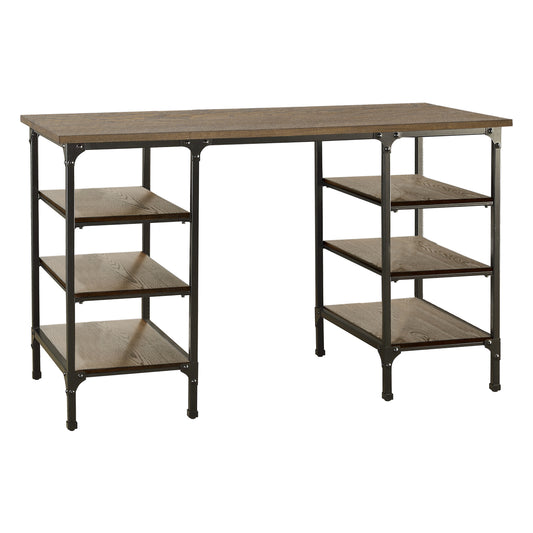 Rustic brown wood desk with black metal frame and shelf storage units on each side