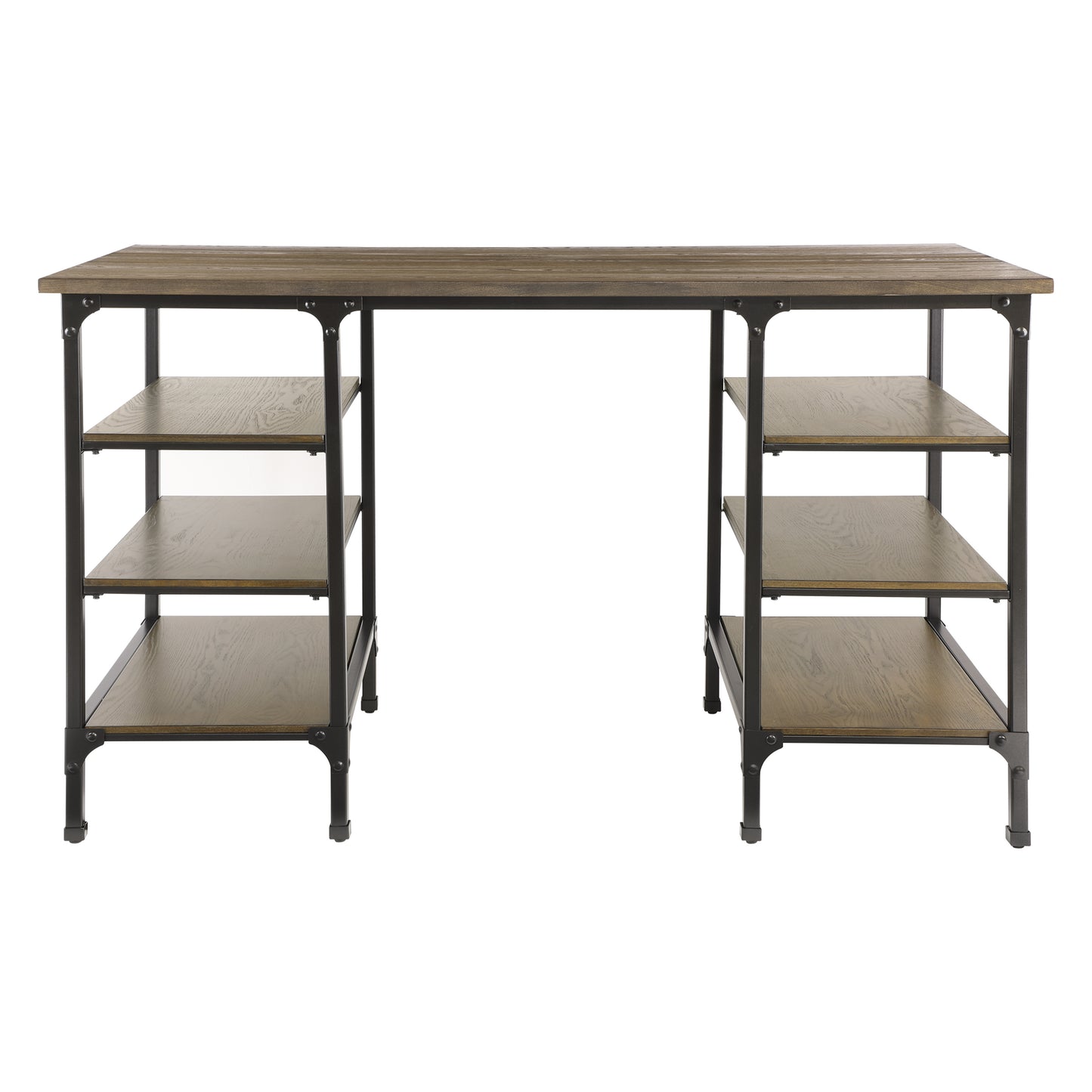 Industrial wood desk with metal frame and open shelving units on each side for storage