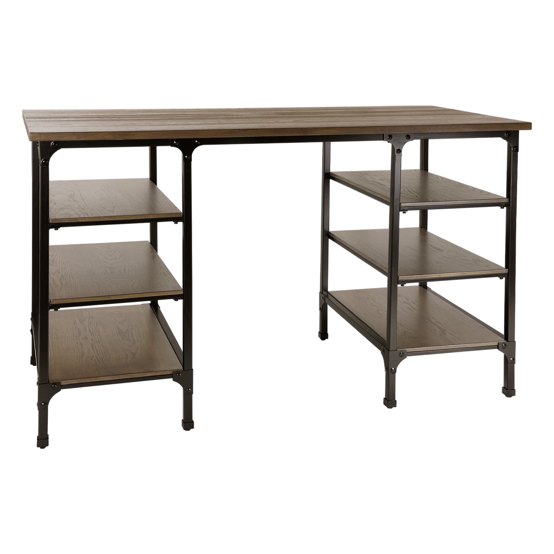 Rustic brown wood desk with black metal frame and open shelving on both sides