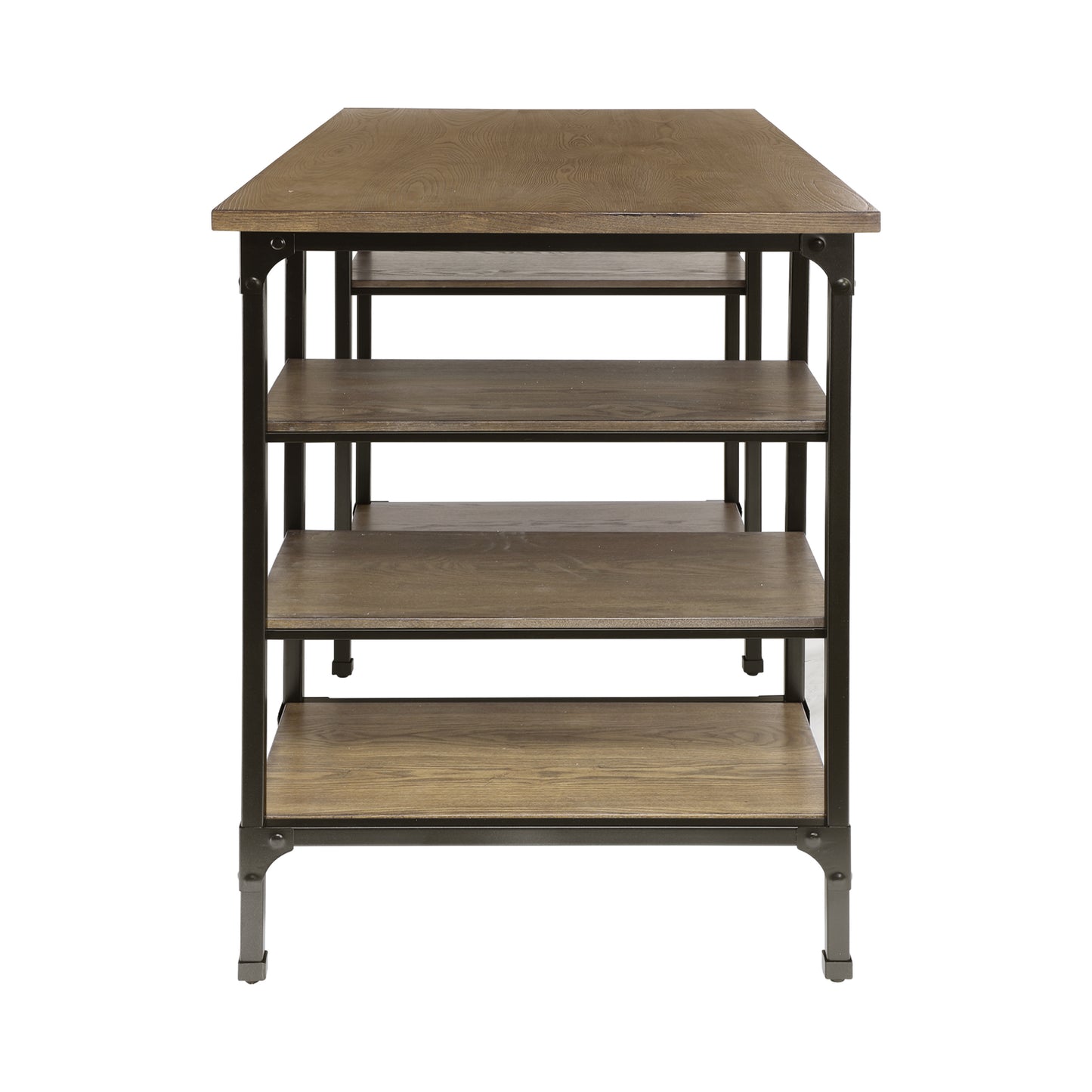 Industrial style console table with four wooden shelves and black metal frame