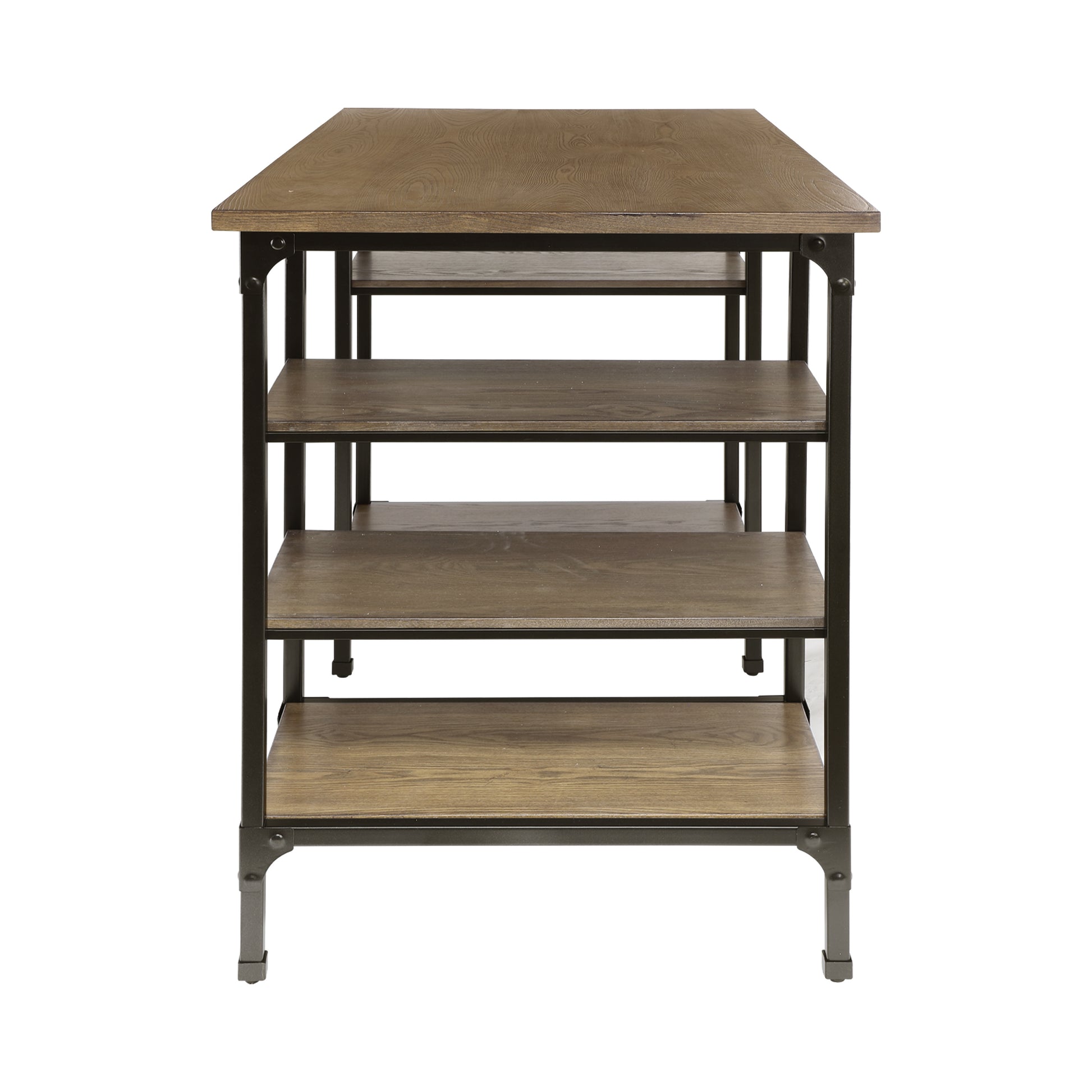 Industrial style console table with four wooden shelves and black metal frame