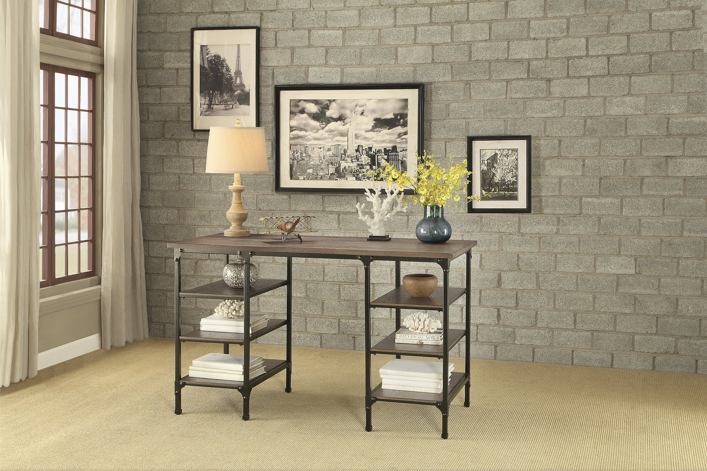 Industrial style desk with dark wood top and metal frame perfect for a home office