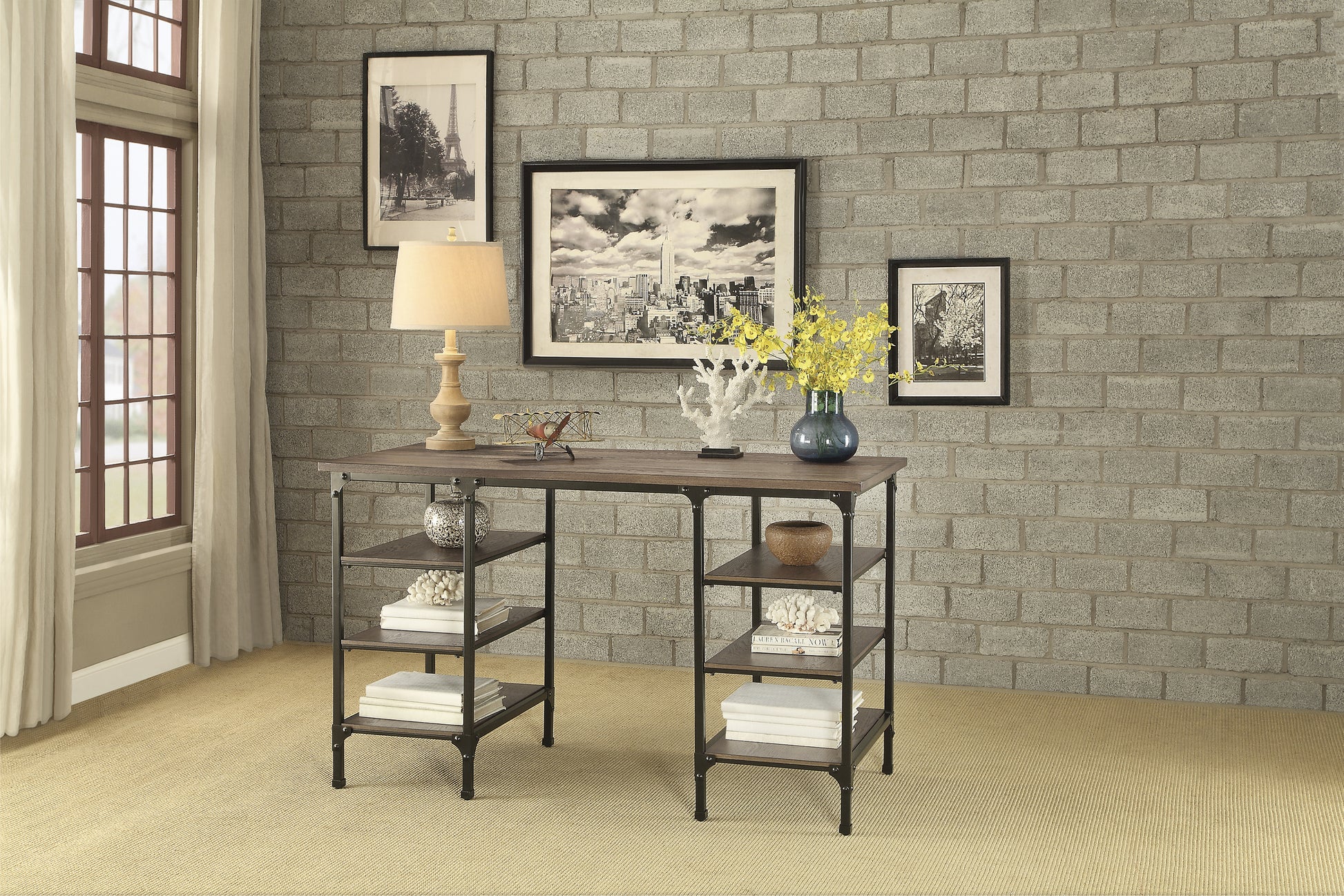 Industrial style desk with dark wood top and metal frame perfect for a home office