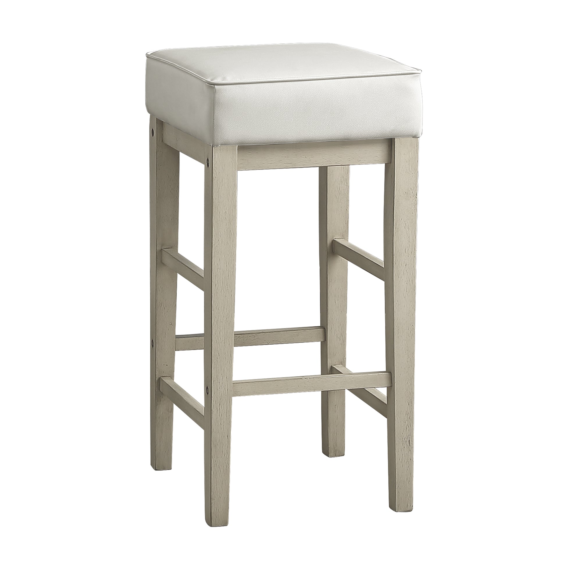 White padded seat bar stool with a distressed grey wooden frame and footrest