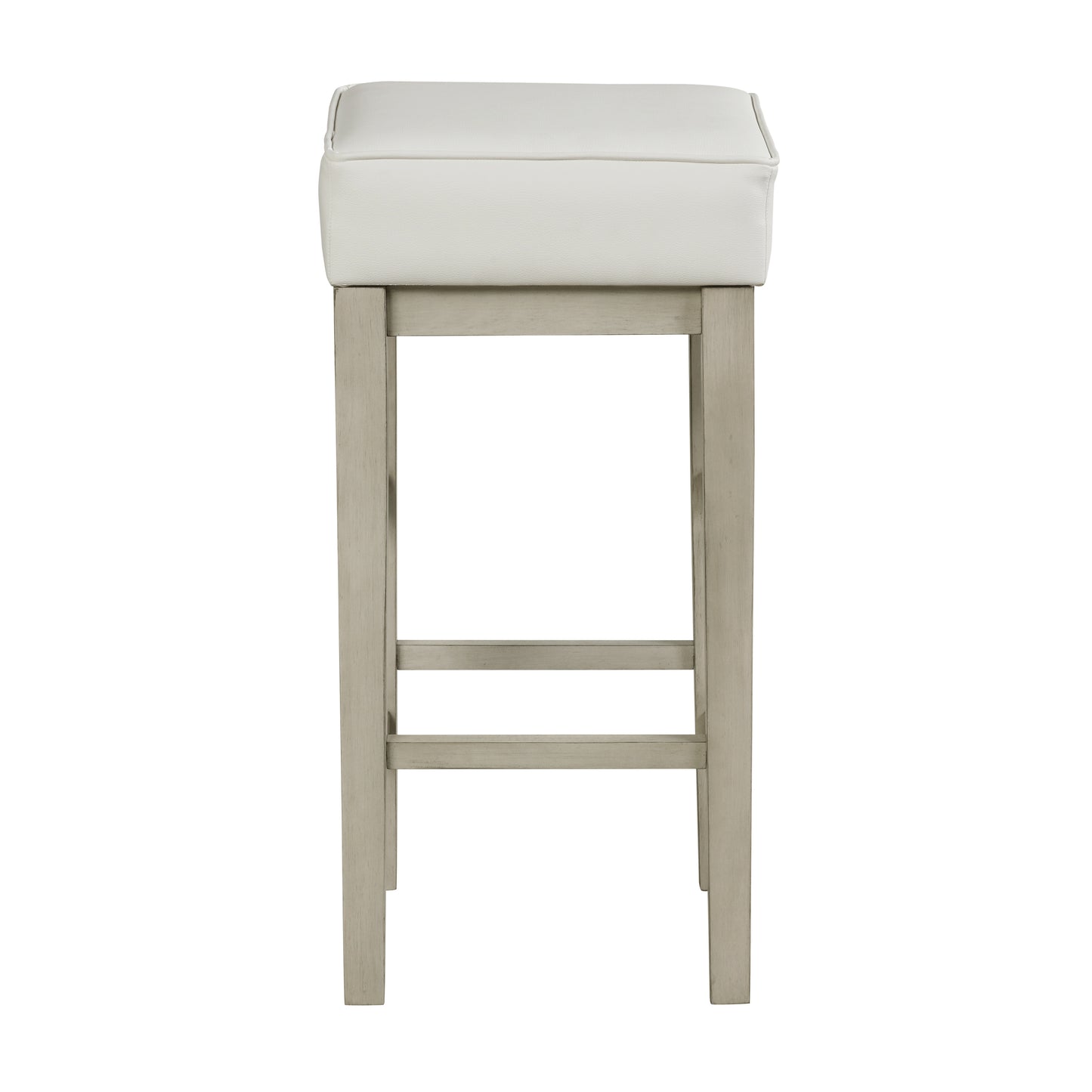 White upholstered bar stool with grey wooden base and footrest