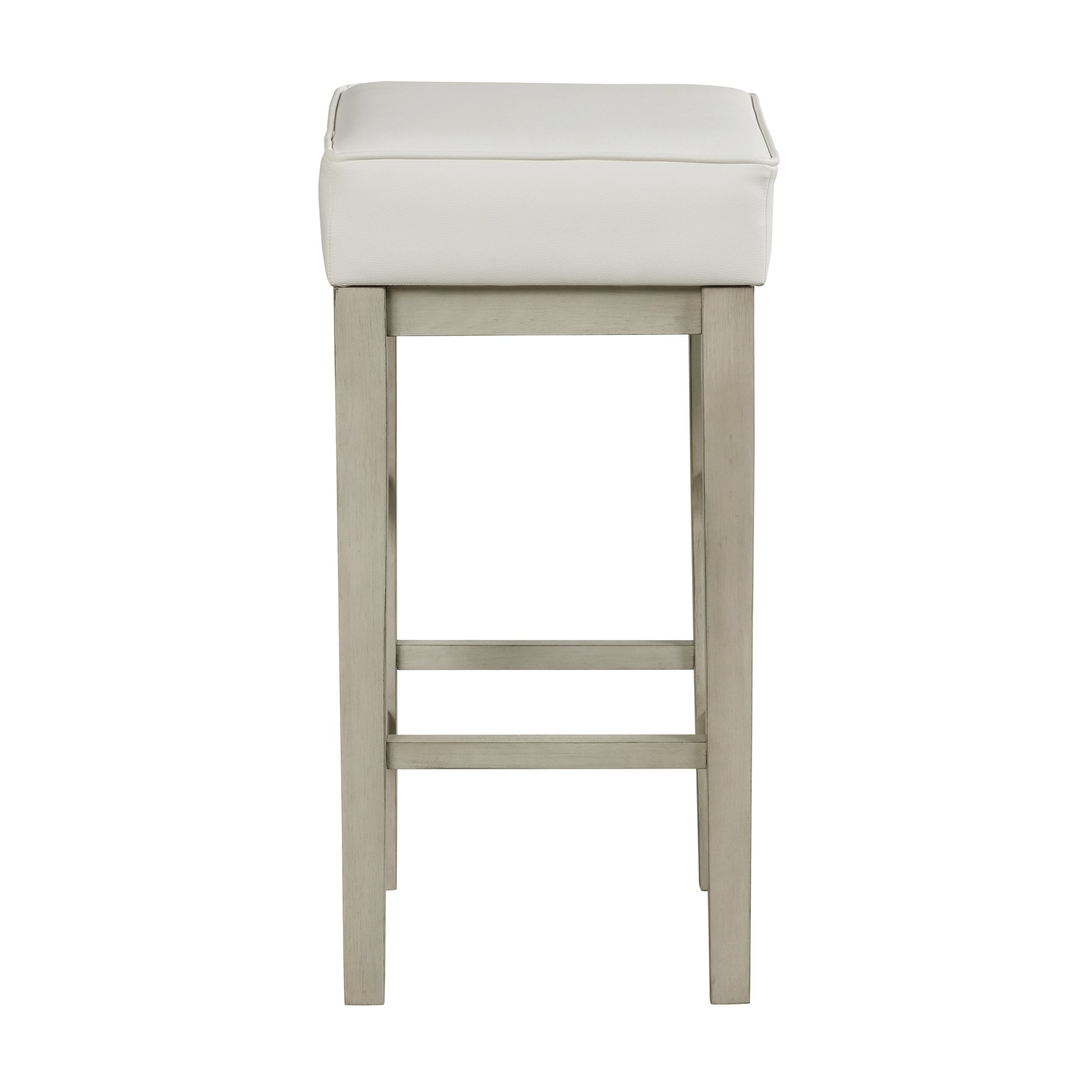 White upholstered bar stool with grey wooden base and footrest