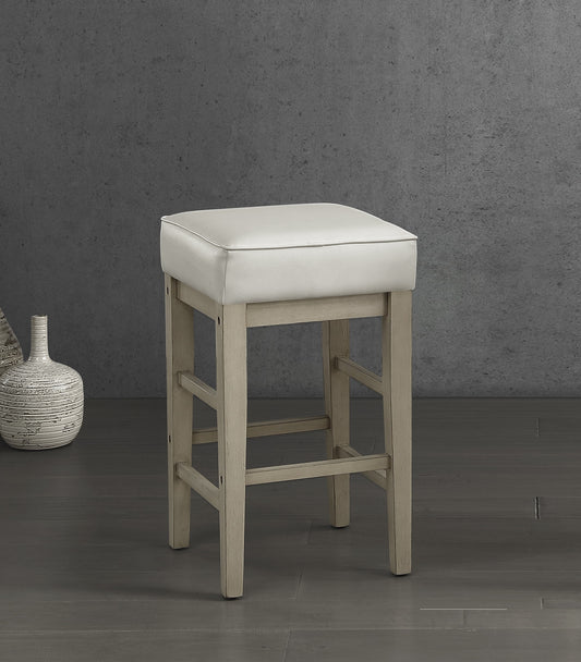 Cream cushioned bar stool with distressed wood frame