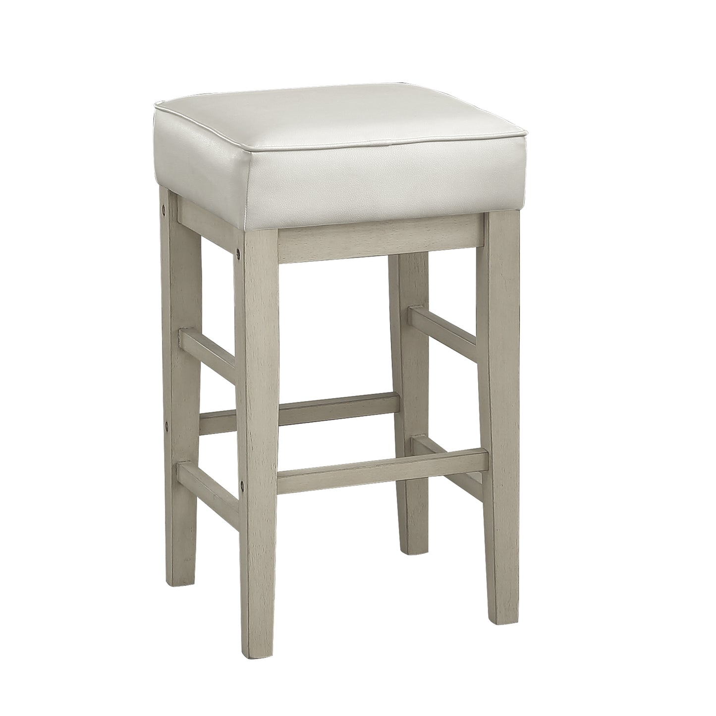 Padded white bar stool with distressed grey wooden legs for kitchen island seating