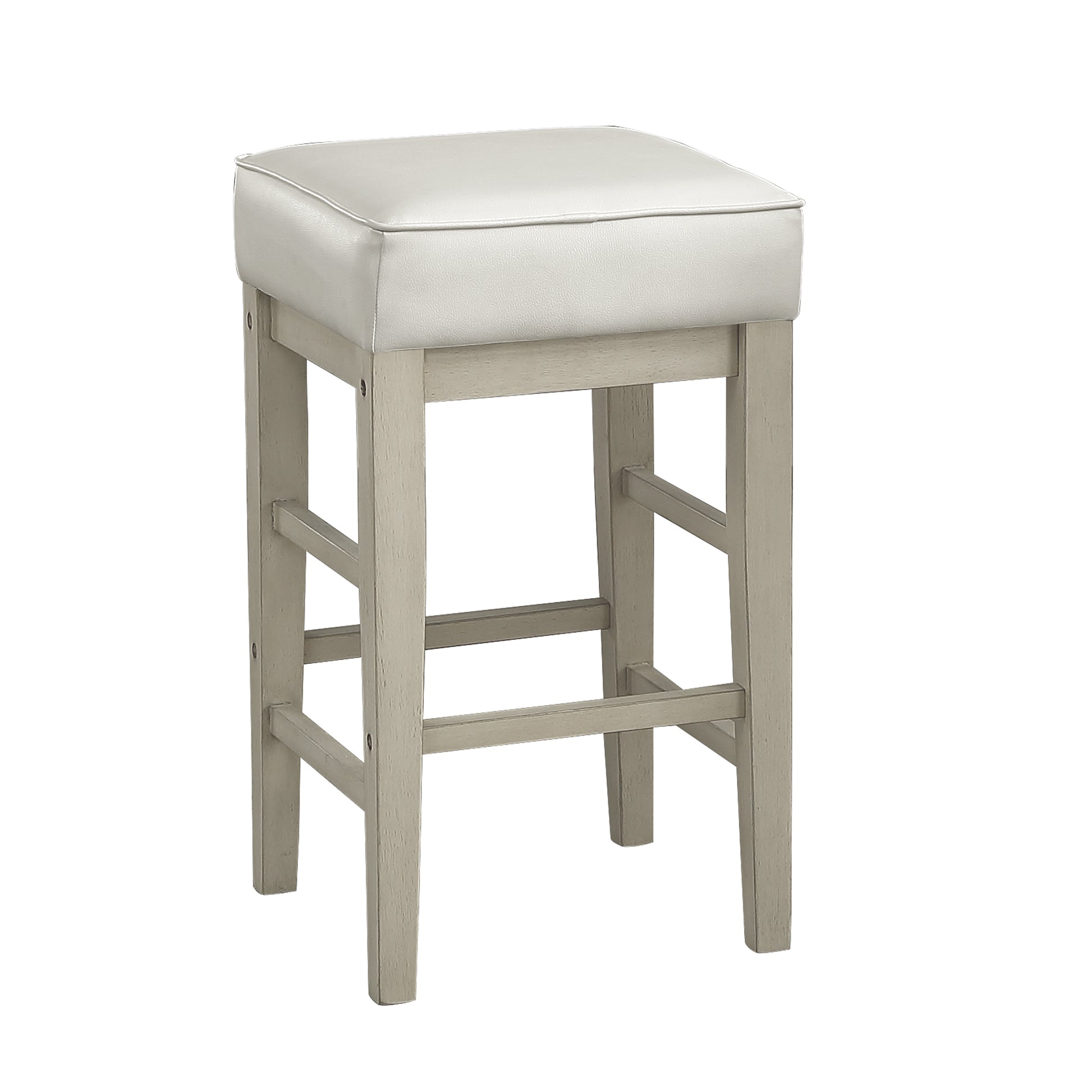 Padded white bar stool with distressed grey wooden legs for kitchen island seating