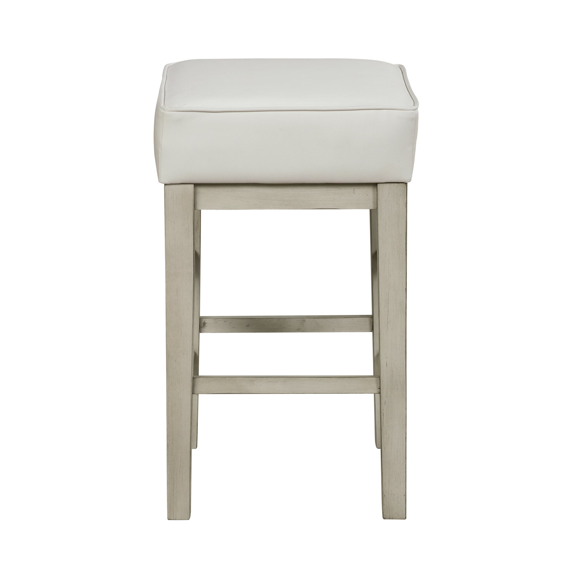 White faux leather upholstered bar stool with distressed gray wooden frame
