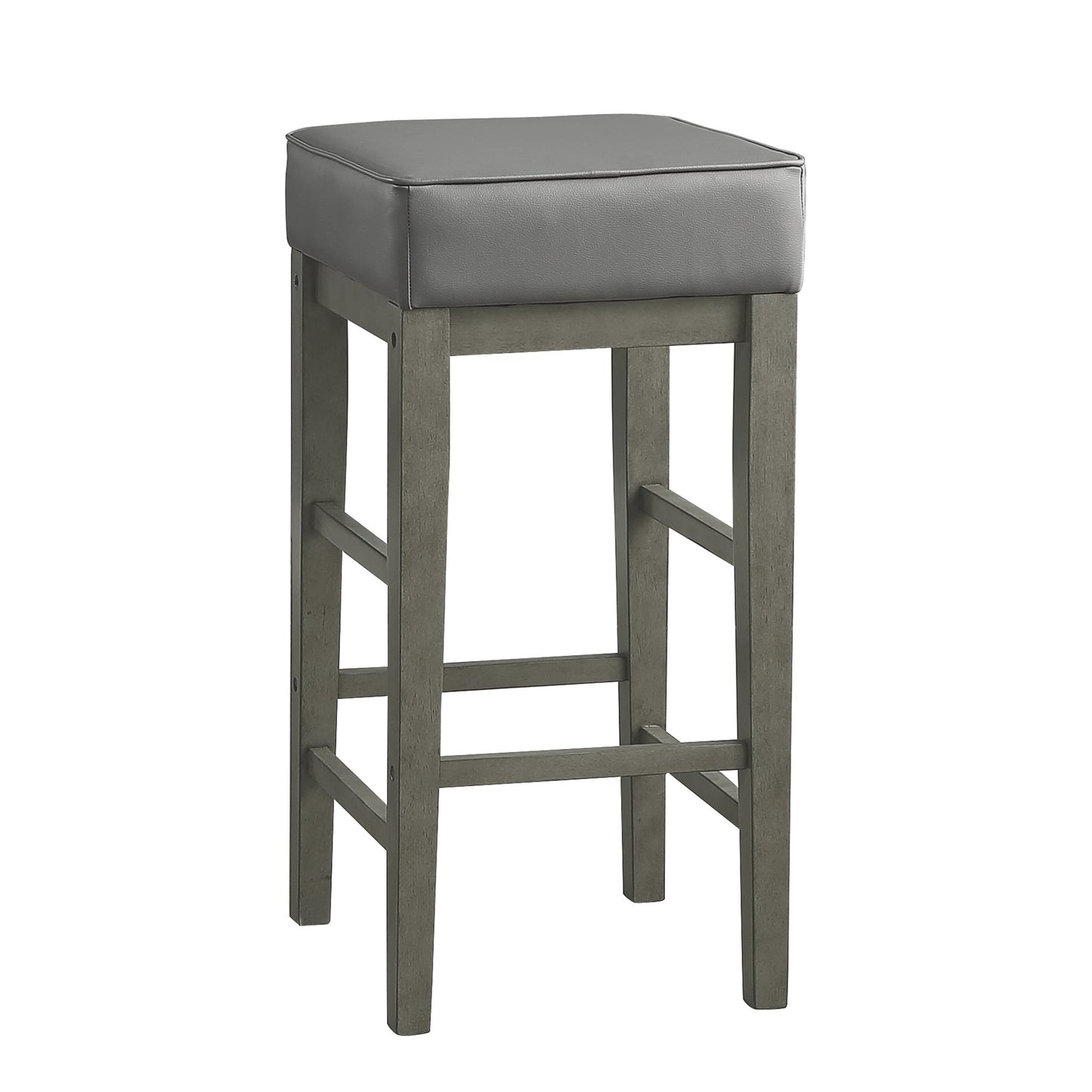 Grey upholstered square seat bar stool with distressed wood legs