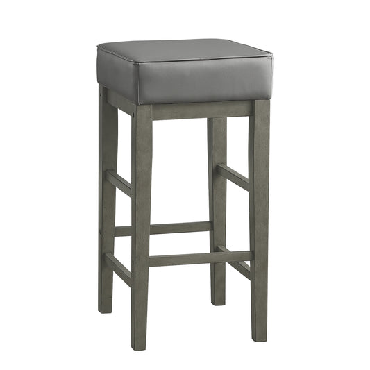 Grey upholstered square seat bar stool with distressed wood legs