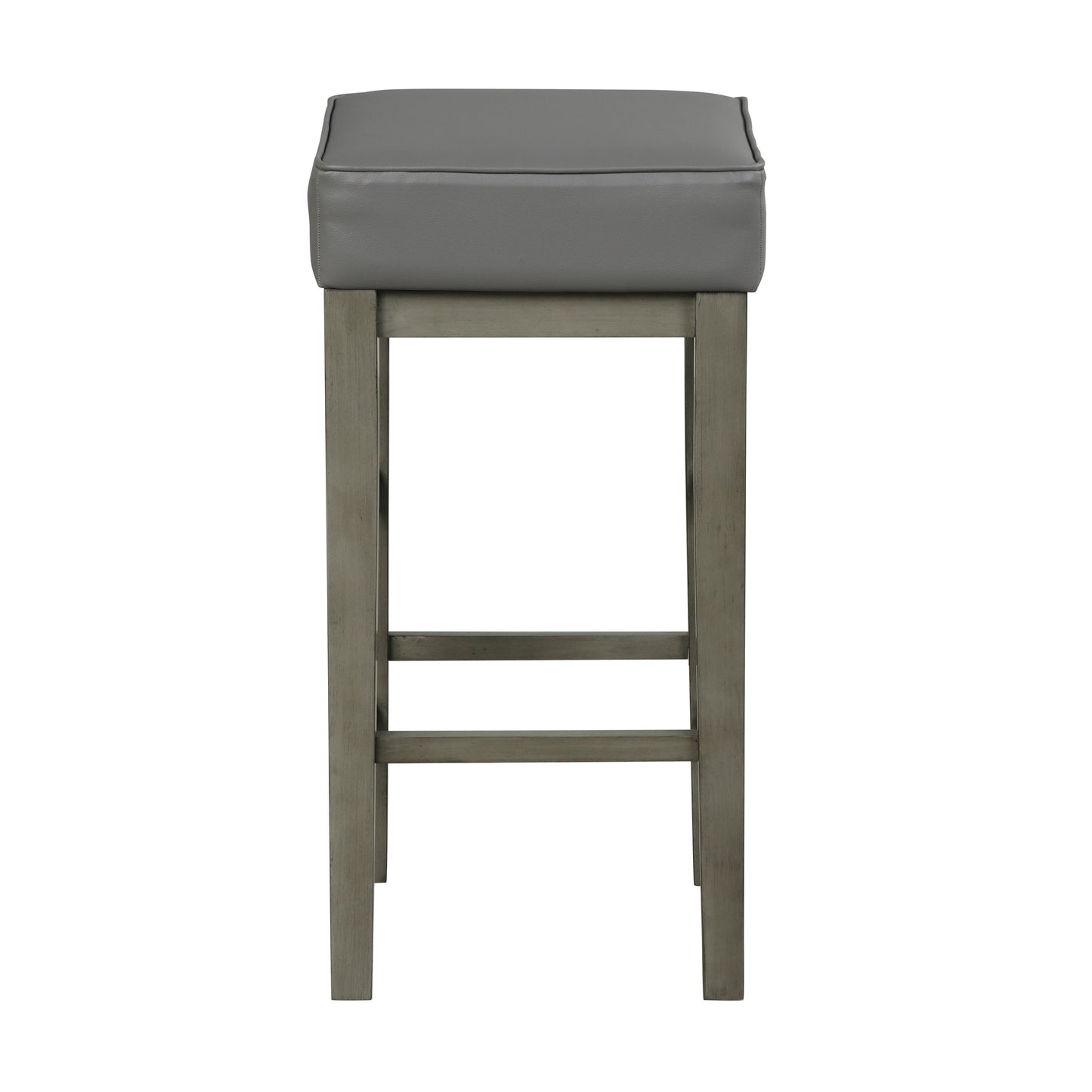 Gray faux leather upholstered bar stool with wooden legs and footrest