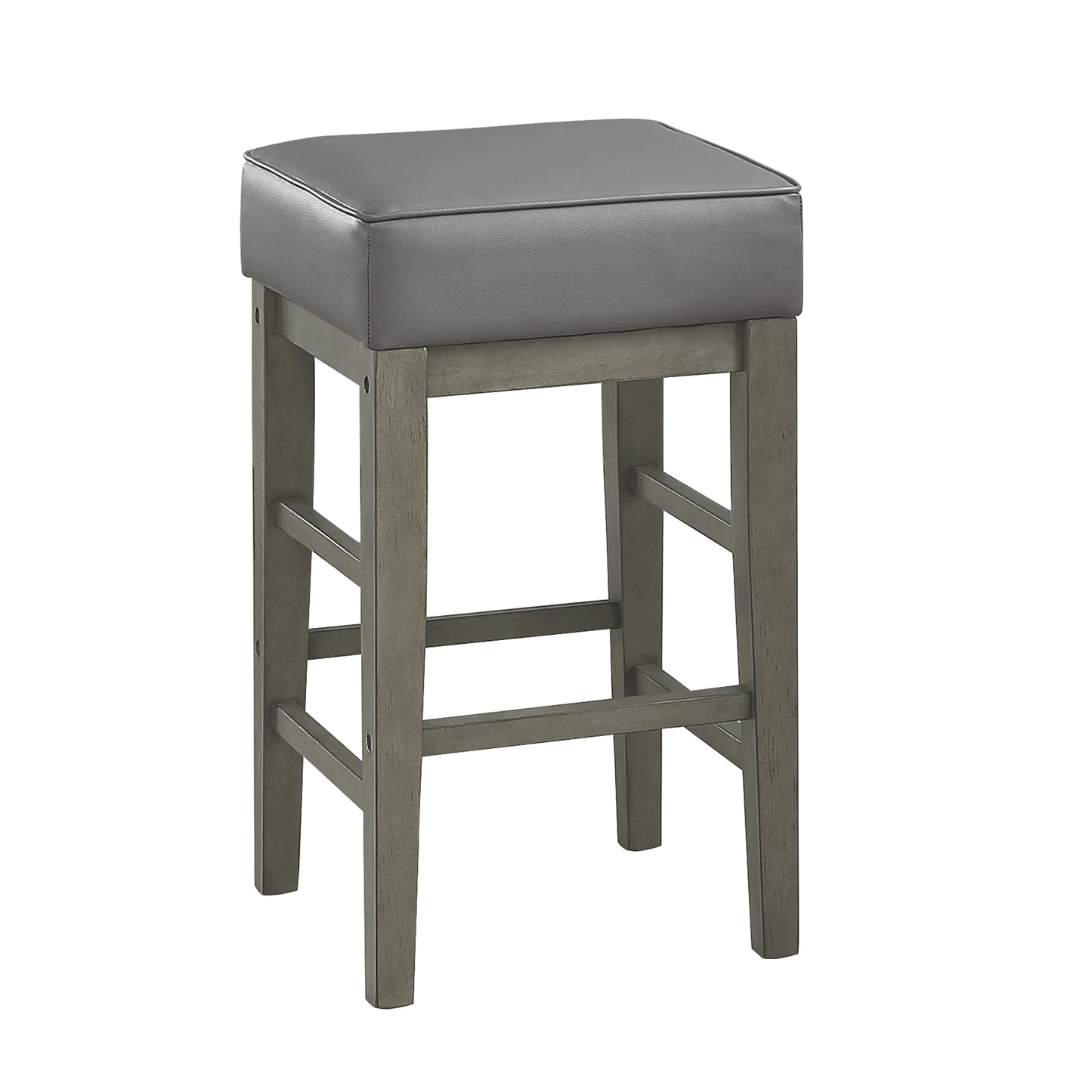 Gray upholstered square seat bar stool with wood legs