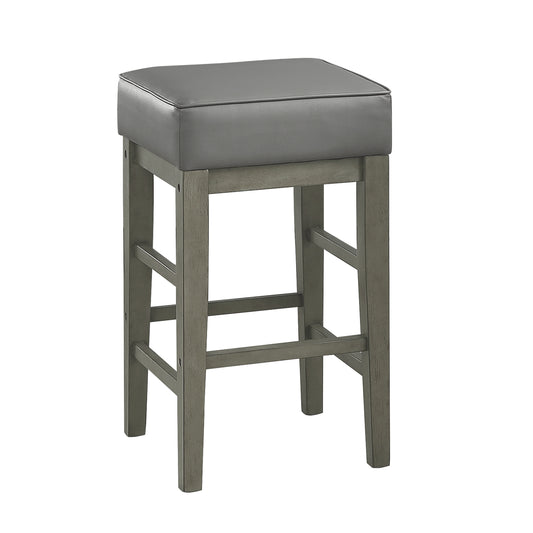 Gray upholstered square seat bar stool with wood legs
