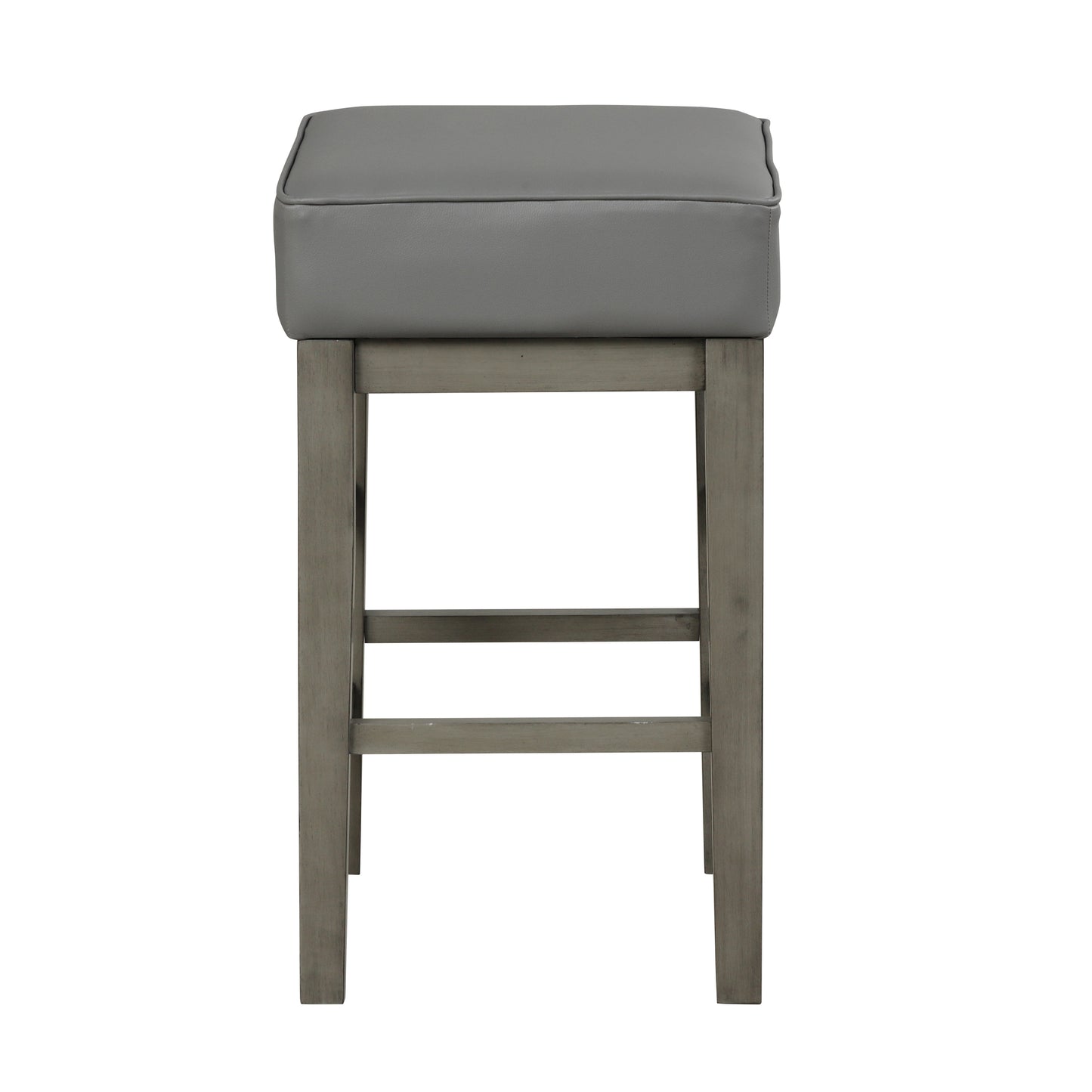Gray upholstered bar stool with a weathered wood frame and footrest