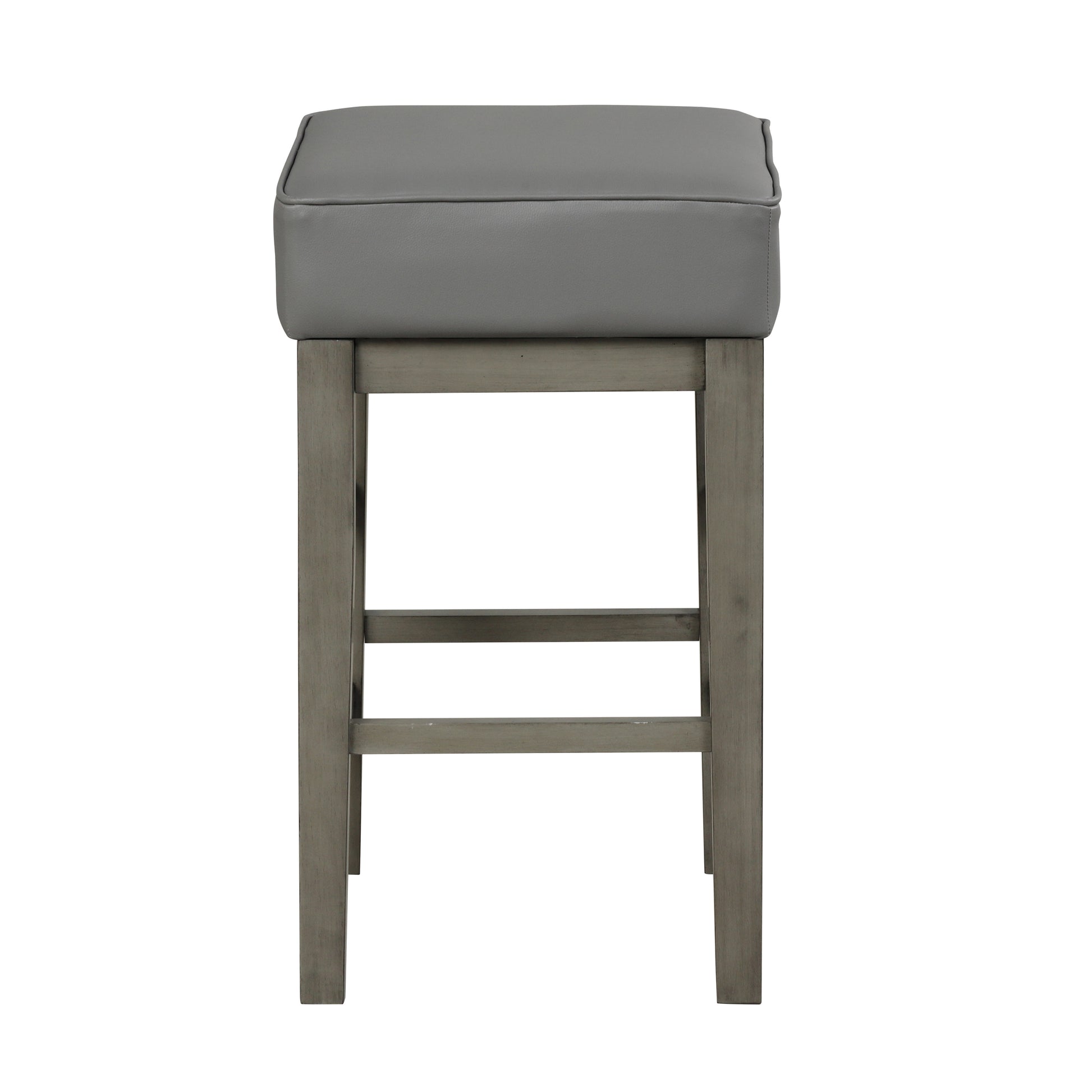Gray upholstered bar stool with a weathered wood frame and footrest