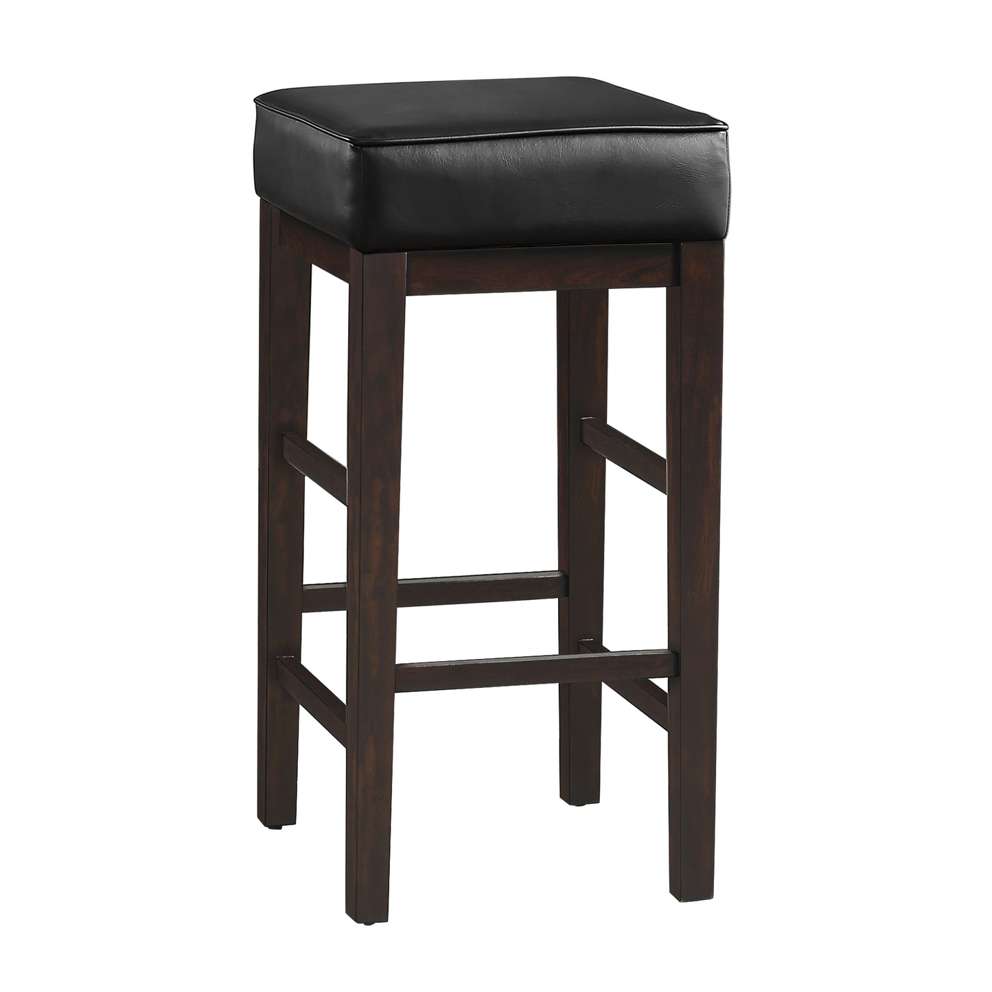 Dark brown wooden bar stool with black faux leather cushioned seat
