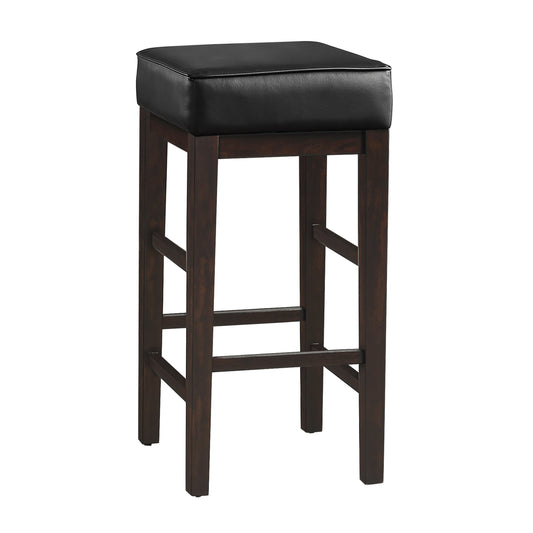 Dark brown wooden bar stool with black faux leather cushioned seat