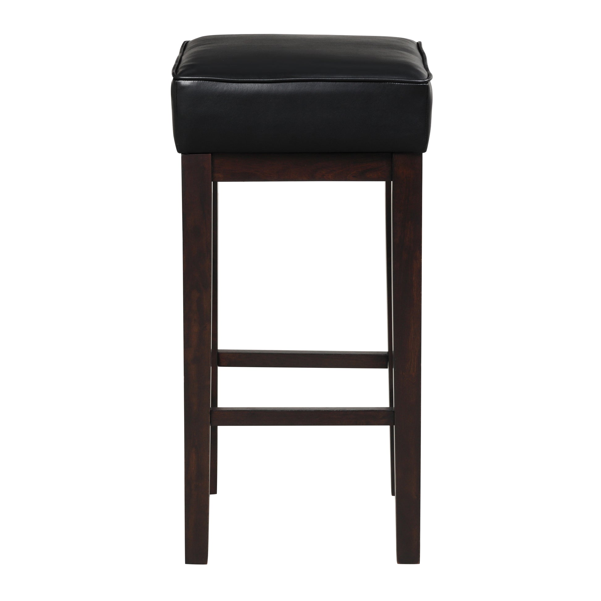 Black leather upholstered bar stool with a dark wood frame and footrest