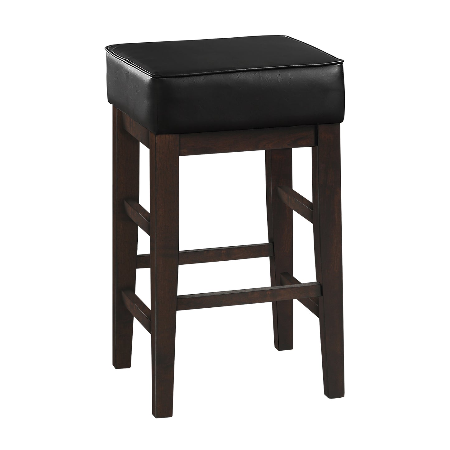 Black faux leather padded seat bar stool with dark wood legs and footrest