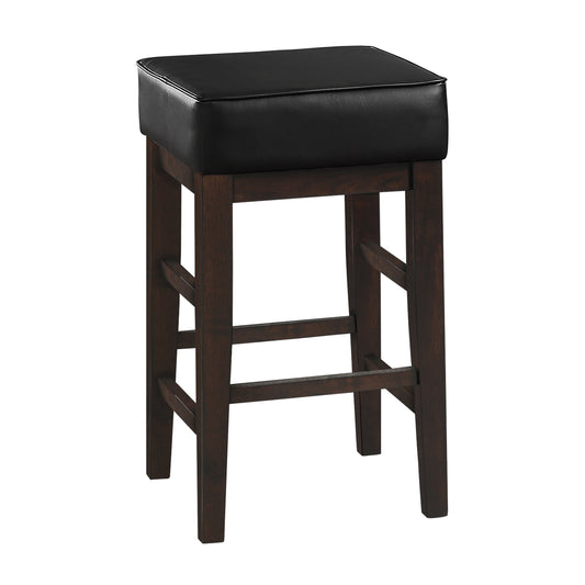 Black faux leather padded seat bar stool with dark wood legs and footrest