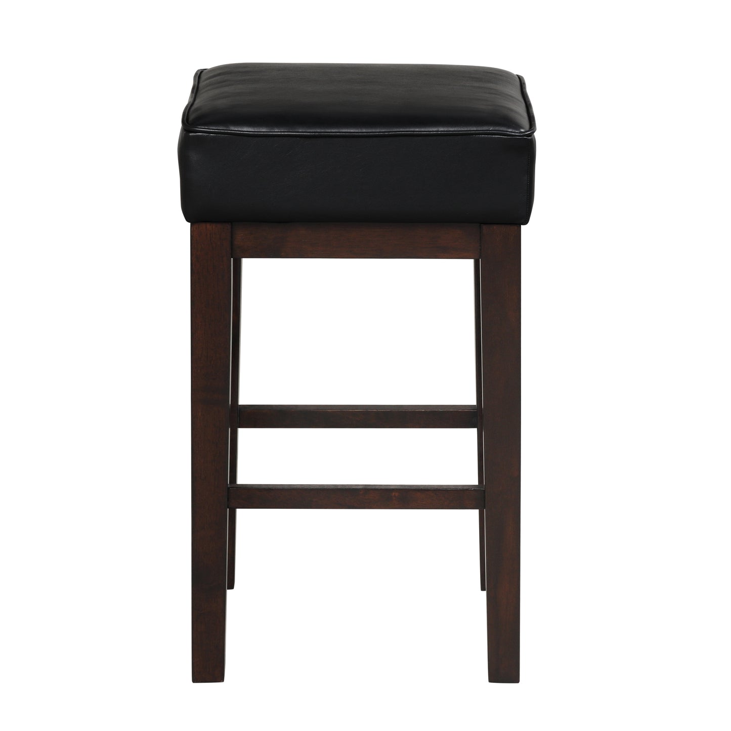 Black leather upholstered wood bar stool with dark brown finish
